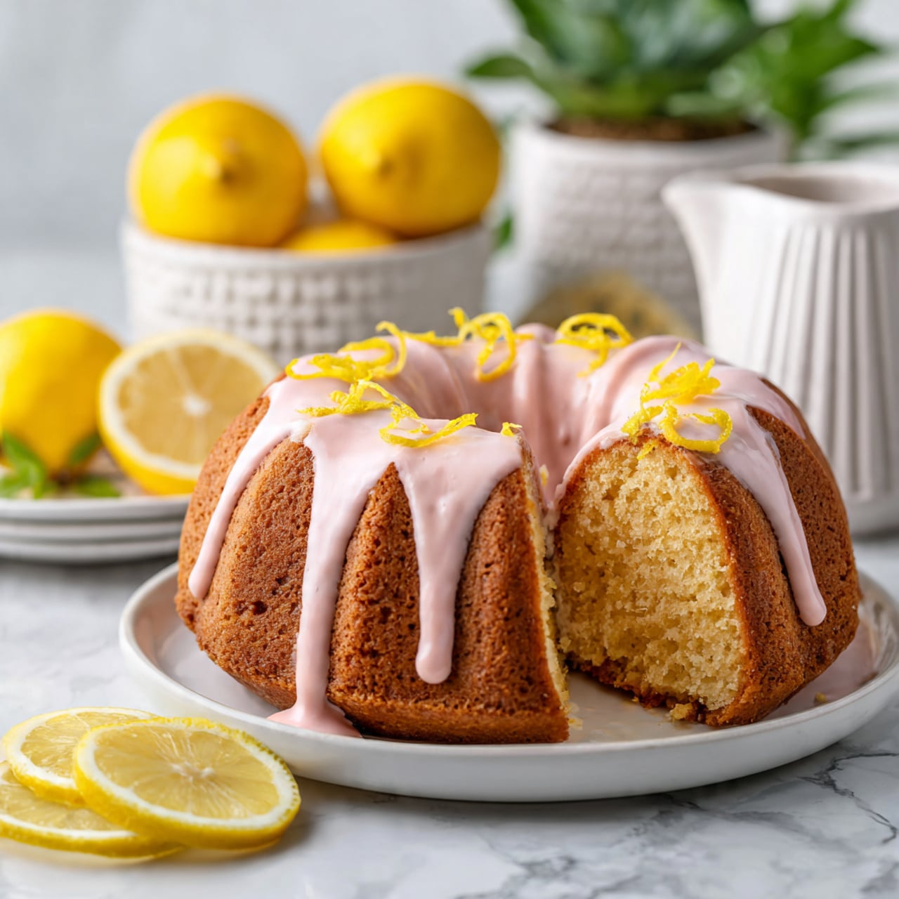 A golden-brown bundt cake with a grooved, ring shape sits on a white plate on a white marbled surface. The cake is covered with shiny white glaze drizzled over the top, flowing down the sides in thick lines that pool slightly around the base. Thin yellow lemon zest strips are scattered on top of the glaze, adding small bright accents. Around the cake, there are whole and halved fresh lemons, and a wooden lemon juicer on a round wooden board in the background with gray textured plant pots partially visible. Photo taken with an iphone --ar 4:5 --v 7