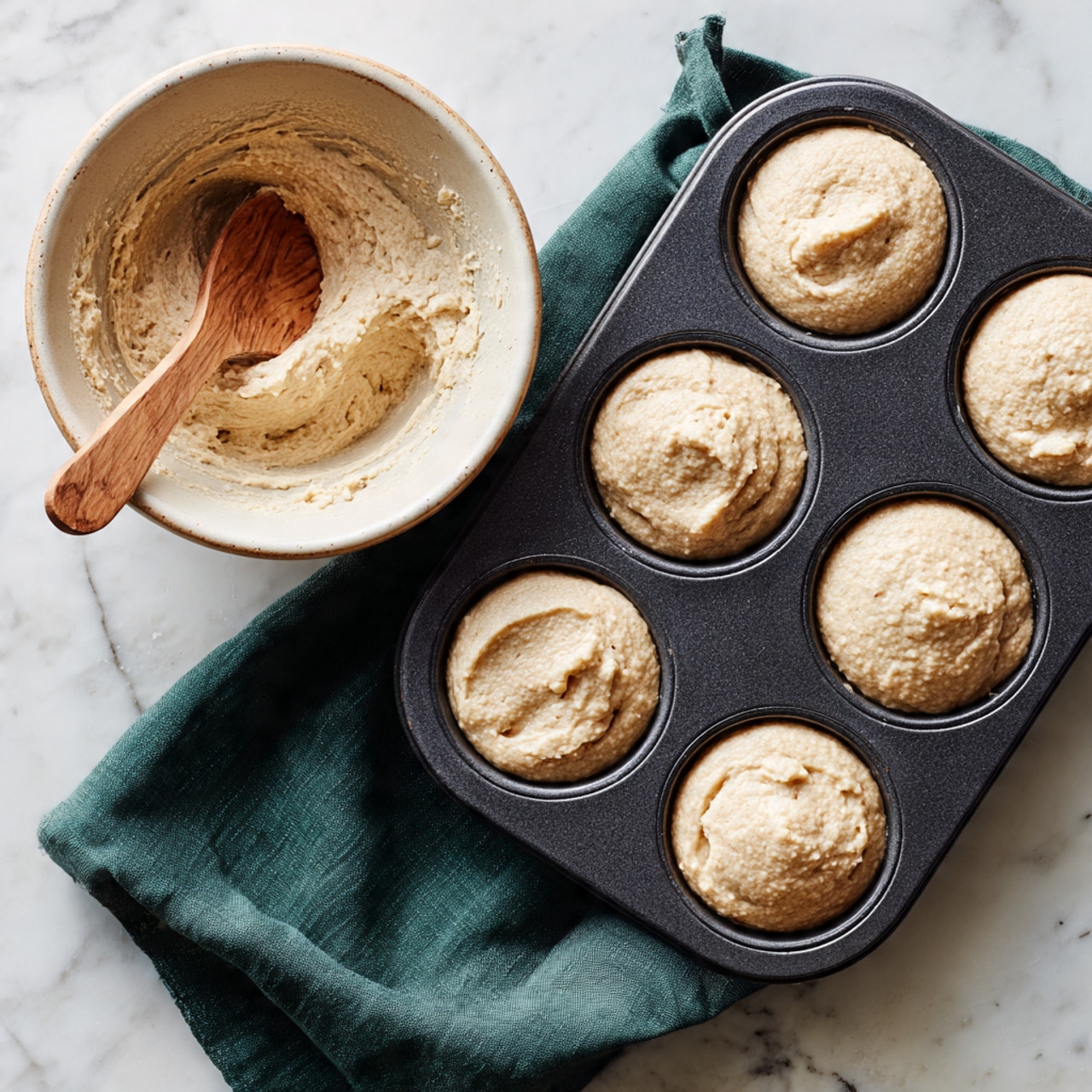 The image shows a black metal donut baking tray with six spaces, each filled with thick, light beige batter with a creamy texture. Next to the tray is a white bowl containing more of the same batter, with a wooden spoon resting inside it. Under the bowl, there is a dark green cloth lying on a white marbled surface. The batter looks smooth and ready to be baked, with some batter slightly spilling over the edges of the tray. photo taken with an iphone --ar 4:5 --v 7