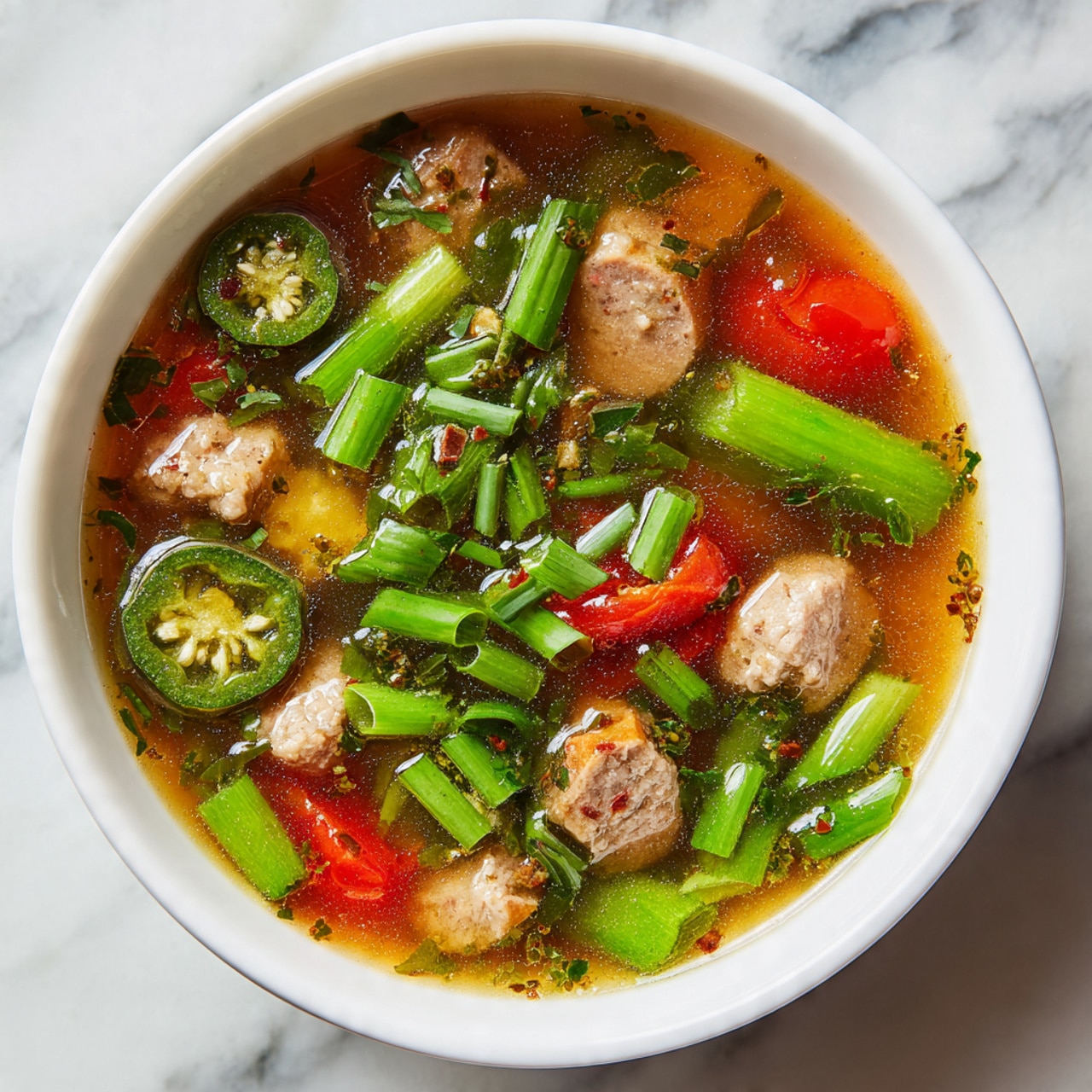 A white bowl filled with a clear brown broth soup that has visible steam rising from it, filled with orange carrot, light green okra slices, red tomato chunks, and browned pieces of cooked meat scattered around. On top of the soup, there is a garnish of fresh green chopped scallions with white parts showing, adding a bright contrast to the darker broth and ingredients. The bowl sits on a white marbled surface. photo taken with an iphone --ar 4:5 --v 7