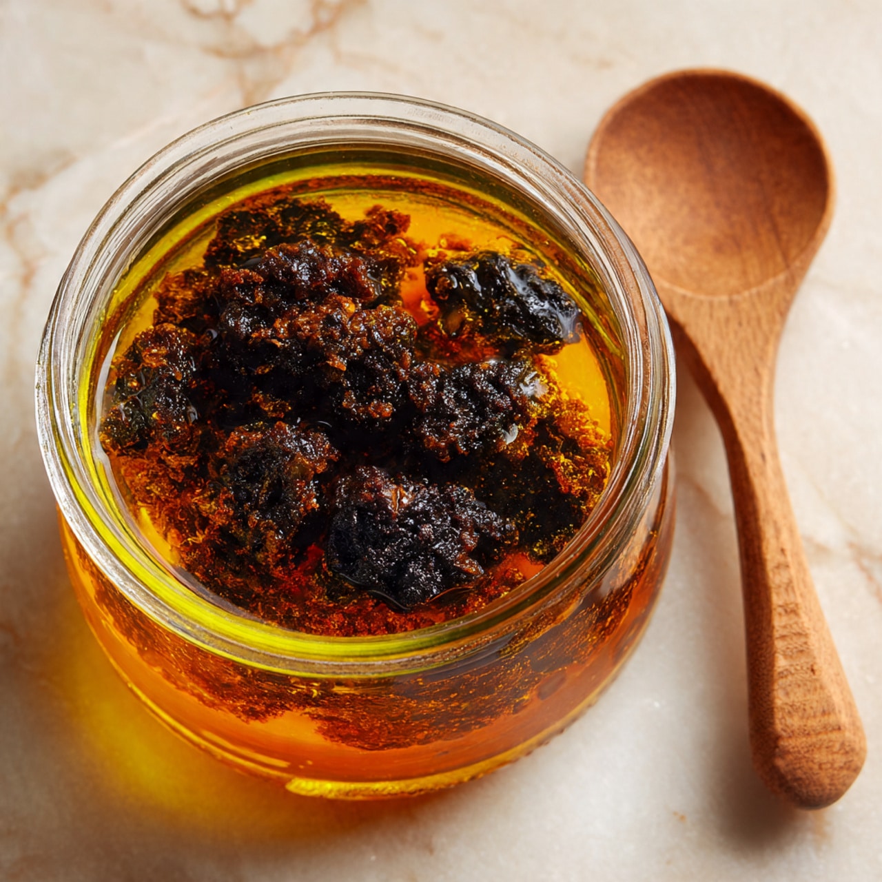 This image shows a close-up top view of a glass jar filled with a mixture that has three main visible layers. The bottom layer is a thick, golden-yellow liquid with oily texture. The middle layer is a translucent orange-amber liquid that blends with the bottom. The top layer consists of large dark brown to almost black chunks, which are uneven in shape and appear soft or cooked, floating in the liquid. The jar sits on a white marbled surface, and next to it is a wooden muddler with a smooth texture and natural light brown color. photo taken with an iphone --ar 4:5 --v 7