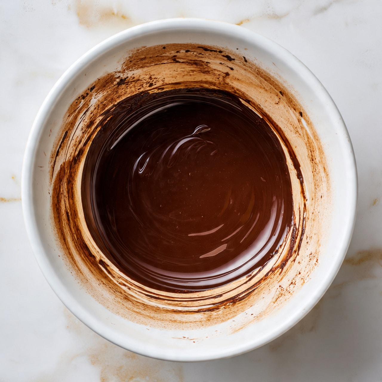 A white mixing bowl filled with smooth melted dark chocolate, showing slight ripples on the surface. The inside edges of the bowl have streaks of chocolate residue. The bowl sits on a white marbled surface, with soft natural light highlighting the glossy texture of the chocolate. photo taken with an iphone --ar 4:5 --v 7