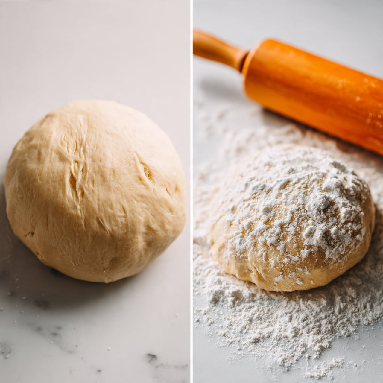 The image shows two side-by-side views of a dough ball on a white marbled surface. On the left, the dough ball is smooth and round with wrinkles on top, giving a soft brown color and a soft texture. On the right, the dough ball is lightly dusted with white flour, flattened a bit, and placed near an orange rolling pin which is also slightly covered in flour. The scene looks bright, clean, and ready for rolling the dough. Photo taken with an iphone --ar 4:5 --v 7