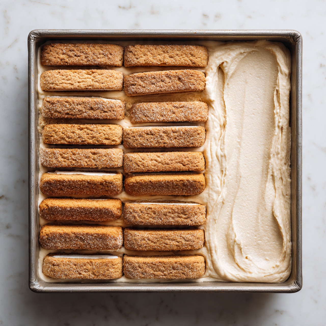 A square baking pan sits on a white marbled surface, filled halfway with a smooth, light beige cream spread evenly on the right side. On the left and top edges, there are twelve golden-brown ladyfinger biscuits laid flat in three neat rows, covering half of the cream layer. The biscuits have a slightly rough texture and a light sugar dusting, contrasting with the creamy base. The pan's dark sides frame the dessert clearly. photo taken with an iphone --ar 4:5 --v 7
