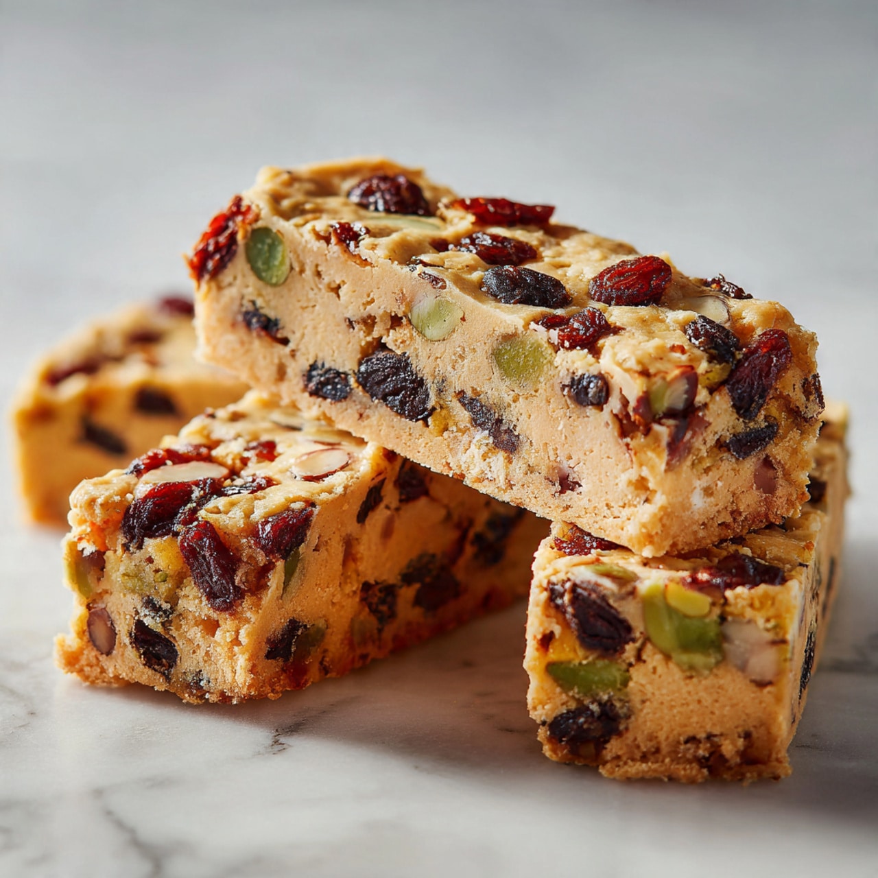 This close-up image shows slices of a golden brown baked bar with a slightly rough and crumbly texture on the top layer. Inside, the bar reveals a lighter beige dough filled with dark red dried fruit pieces and green nut chunks, evenly spread throughout the thick slice. The edges of the slices look crisp and crunchy, while the interior appears soft and dense. The photo is taken on a white marbled surface, focusing on the rich details and natural colors of the baked bar with warm, soft lighting. Photo taken with an iphone --ar 4:5 --v 7