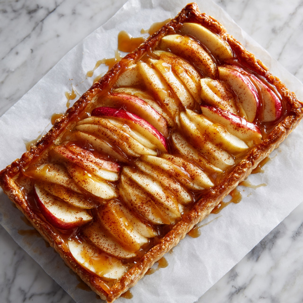 A rectangular fruit tart with two visible pieces placed on a light brown baking sheet, featuring a lovely golden-brown puff pastry crust around the edges. The tart has two layers of thinly sliced apples arranged neatly in a curve, creating a fan-like pattern that covers the tart surface. The apple slices have a mix of red skin edges and pale inner flesh, with a shiny, slightly caramelized glaze that adds richness and shine. Some darker spots of cinnamon or spice are sprinkled lightly over the apples. The background is a white marbled surface. photo taken with an iphone --ar 4:5 --v 7