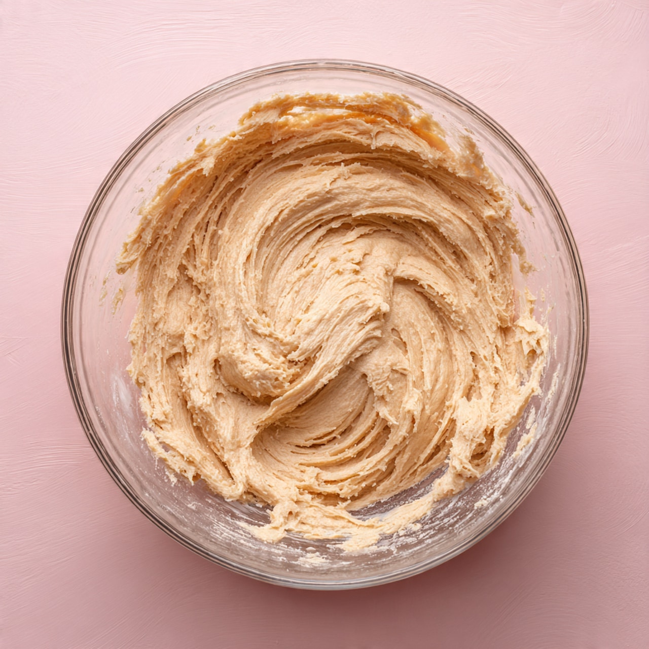 A clear glass bowl sits on a soft pink surface, filled with a thick, smooth dough that is light tan in color, almost like peanut butter. The dough has creamy ridges and swirls, showing it was recently mixed, with a texture that looks soft and slightly airy. The bowl is full enough to hold a generous scoop of the dough, but the edges remain clean with only a few small smears. Photo taken with an iphone --ar 4:5 --v 7