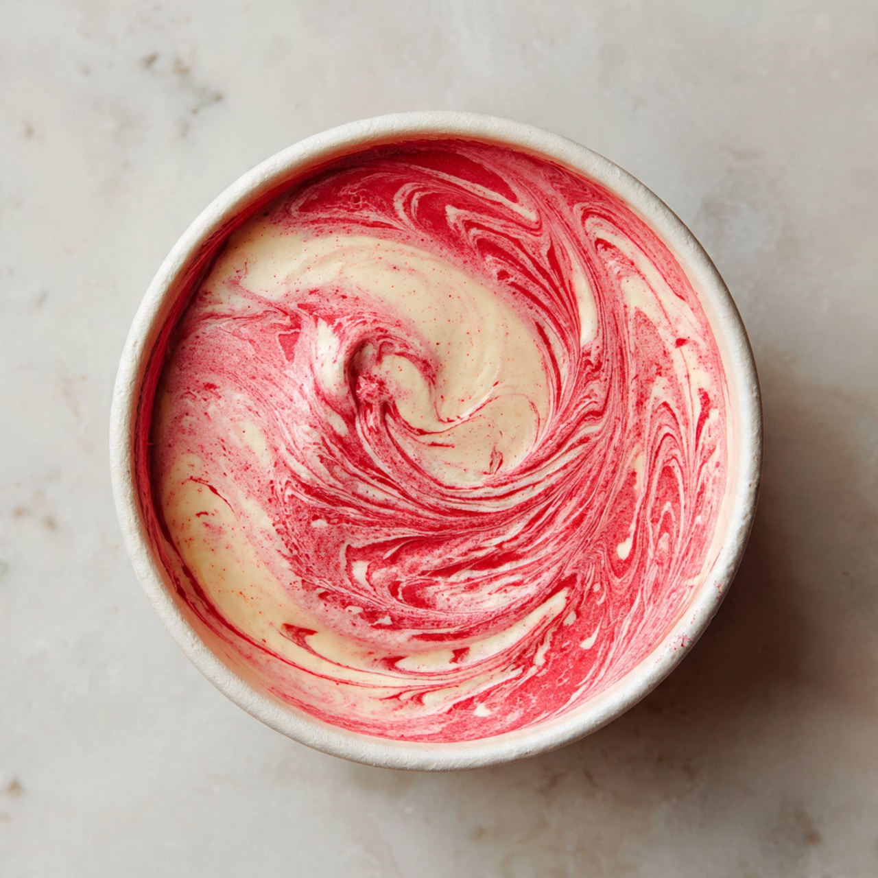 The image shows a white bowl with two layers inside on a white marbled surface. The bottom layer is creamy and smooth with a pale cream color, while the top layer is bright red, thin, and unevenly spread across the surface inside the bowl. The layers blend slightly at the edges, giving a mixed texture look. photo taken with an iphone --ar 4:5 --v 7