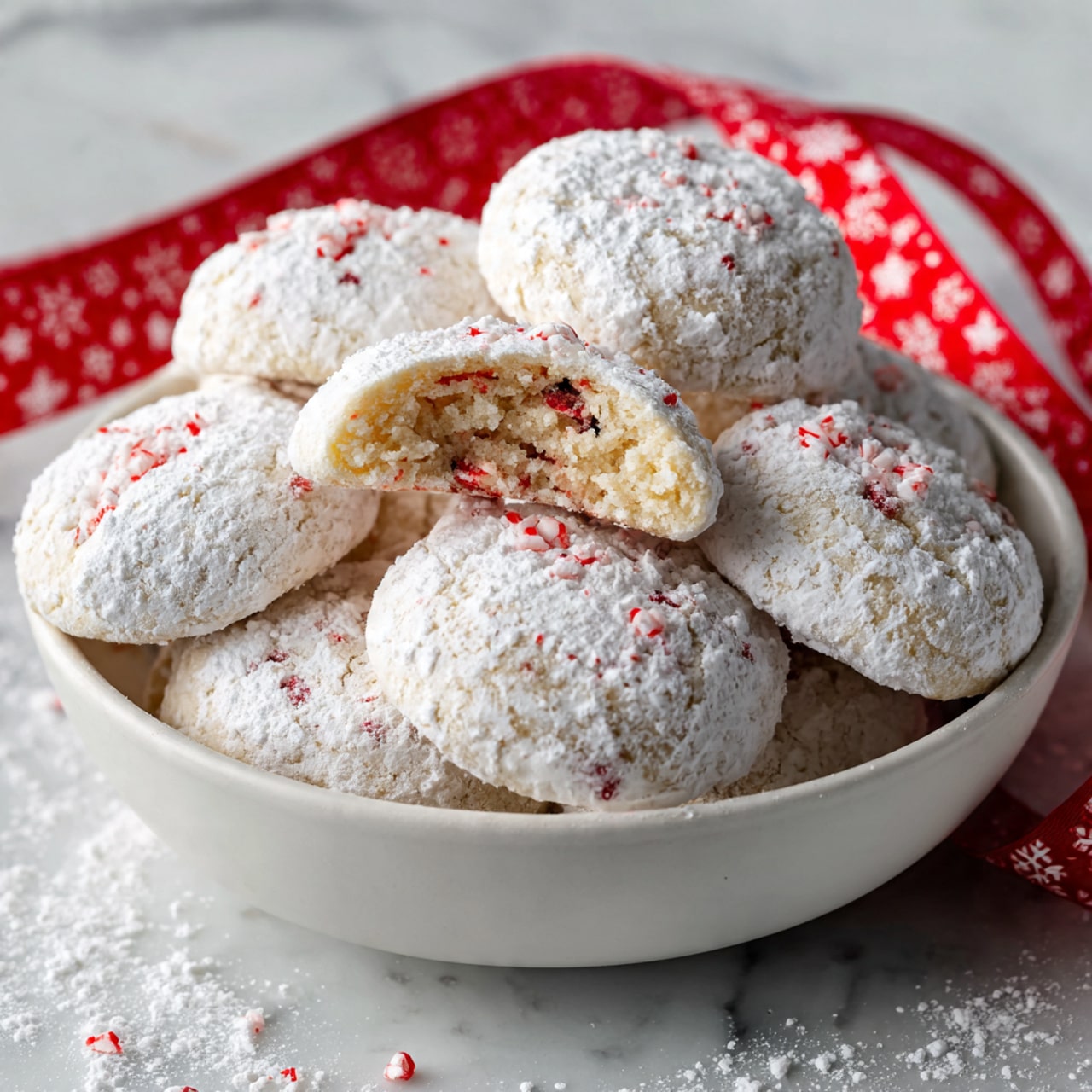 A white bowl full of small round cookies covered with a thick layer of white powdered sugar with tiny red bits mixed in. One cookie is broken in half at the front showing a light beige inside with red specks. The cookies are piled high, with a soft and slightly crumbly texture. The bowl is placed on a white marbled surface with some white powdered sugar sprinkled lightly around it, and a red and white ribbon with a snowflake pattern is near the bowl. Photo taken with an iphone --ar 4:5 --v 7