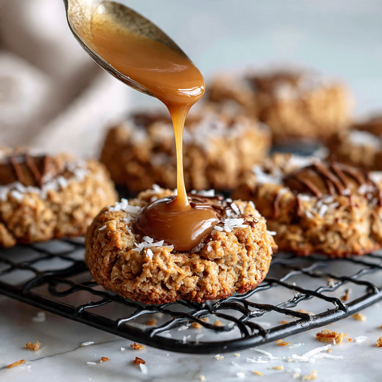 A group of round cookies fills a white marbled lined baking tray. Each cookie has two clear layers: the outer layer is a rough textured ring of light golden shredded coconut, and the center is a smooth, glossy dark caramel-like filling. Some caramel centers are sprinkled lightly with small white flakes that look like salt. The cookies are slightly raised in the middle where the caramel sits. The edges of the tray show a worn, dark patina against the white lined paper. The overall colors are warm off-white with rich dark caramel centers photo taken with an iphone --ar 4:5 --v 7