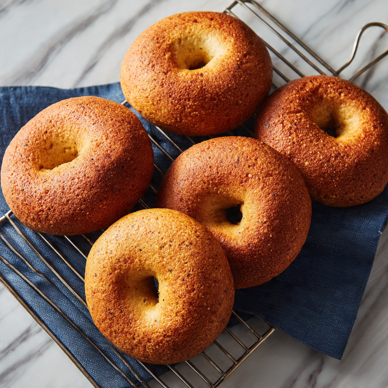 The image shows seven donuts covered in a light beige icing, stacked on a white oval plate placed on a dark green cloth on a white marbled surface. The donuts have a soft texture with round holes in the center and slight lumps showing inside the icing. One donut is split into pieces on a small white round plate nearby. A small dark brown bowl with white icing and a spoon is seen at the top right corner. photo taken with an iphone --ar 4:5 --v 7