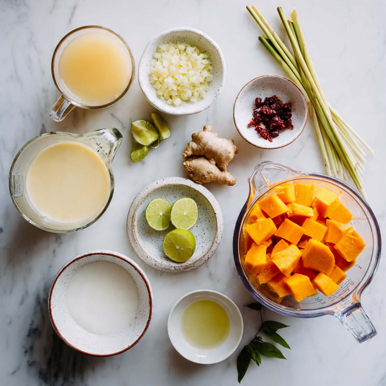 A white ceramic pot filled with smooth orange soup, with a shiny texture, gently lifting in the middle by a ladle of the same color showing the thick liquid's surface. In the background, a small bowl holds several green lime wedges with a few whole limes placed nearby. The whole scene is set on a white marbled texture. photo taken with an iphone --ar 4:5 --v 7