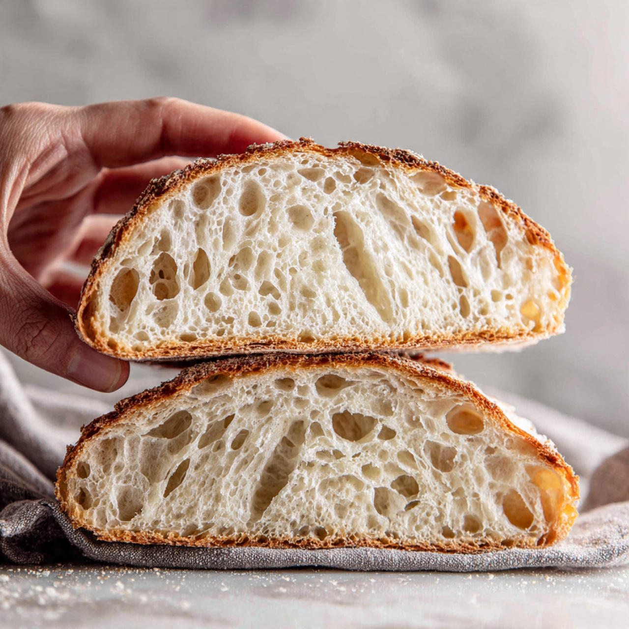 A round loaf of bread with a deep golden brown crust fills most of the image, showing a square patch of crust dusted with white flour and a leaf pattern scored on top. Below the main loaf, there are two pieces of bread, one sliced open revealing a soft, light cream interior with a slightly airy texture, and the other showing a dark, crusty edge. The bread rests on a soft white cloth with subtle folds, all set against a white marbled surface. photo taken with an iphone --ar 4:5 --v 7