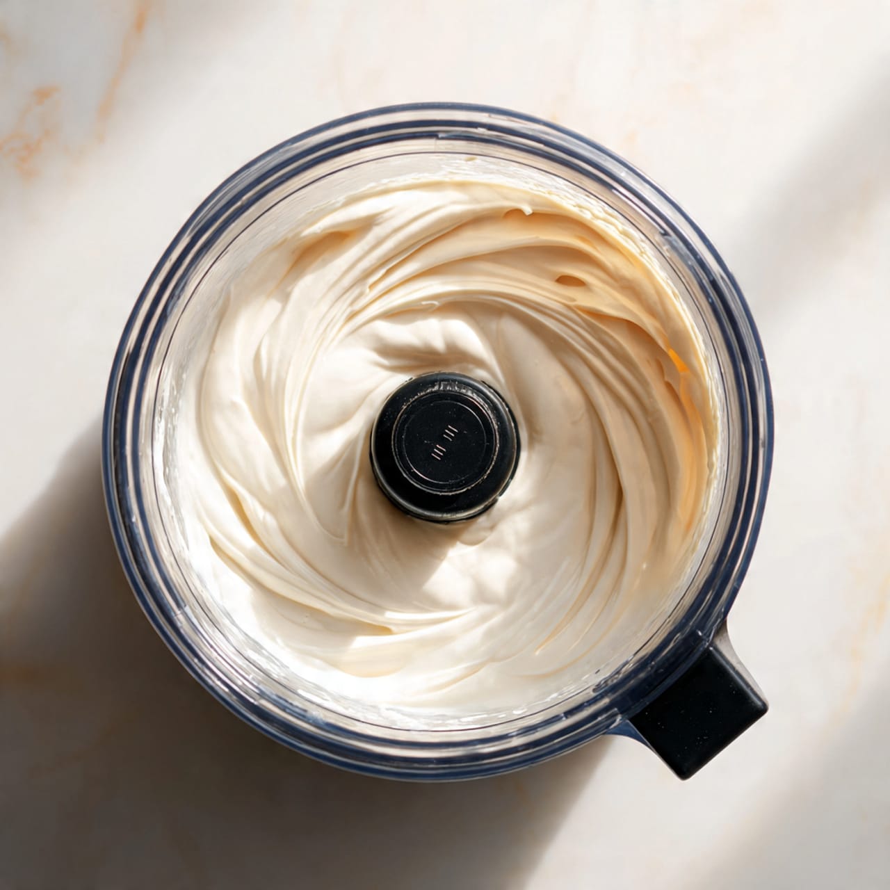 A clear blender jar with a black lid sits on a white marbled surface, filled with a smooth, creamy white mixture that swirls gently around the center blade. The mixture has a glossy texture and looks thick and even, with soft shadows highlighting its velvety surface inside the transparent container. Photo taken with an iphone --ar 4:5 --v 7