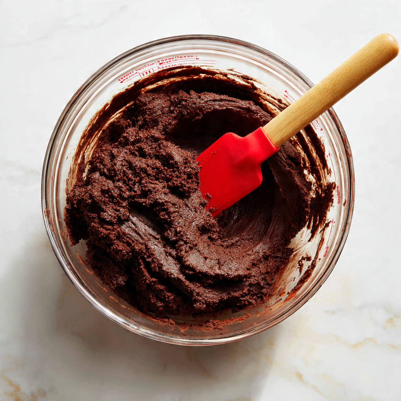 A clear glass mixing bowl sits on a white marbled surface, holding a thick, dark brown chocolate dough with a slightly rough and chunky texture. A red spatula with a wooden handle is partially inserted into the dough on the right side of the bowl, showing some creases and folds in the mixture. The bowl has measurement markings on the inside, and the lighting highlights the rich and dense nature of the chocolate mixture. Photo taken with an iphone --ar 4:5 --v 7