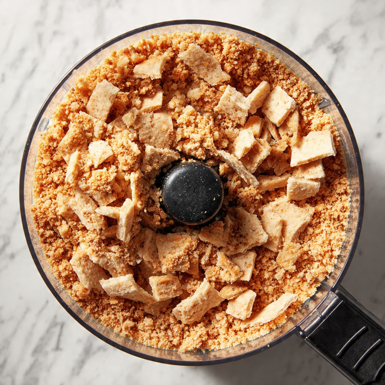 The image shows a clear food processor bowl filled with broken pieces of light brown crackers on top of finely crushed crumbs of the same color. The bowl is placed on a white marbled surface, and the black blade is visible in the middle, partially covered by the cracker pieces. The handle of the food processor is black and sticks out to the right side. Photo taken with an iphone --ar 4:5 --v 7