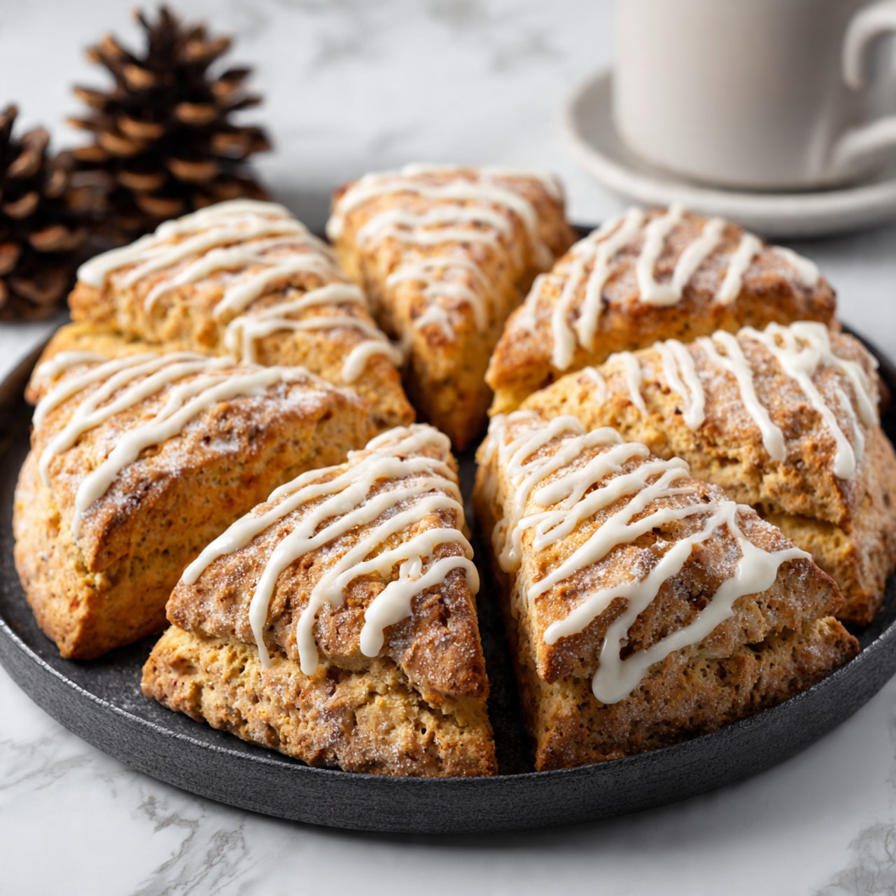 The image shows several thick triangular scones arranged side by side on a round metal tray. Each scone has a golden-brown top with a slightly rough texture, sprinkled lightly with a granular topping that adds a bit of sparkle. A white icing is drizzled over each piece in thin, crisscross lines, creating a decorative pattern. The scones display visible layers inside, showing a soft, crumbly texture. The tray rests on a white marbled surface, and there are pine cones in the background adding a cozy feeling. photo taken with an iphone --ar 4:5 --v 7