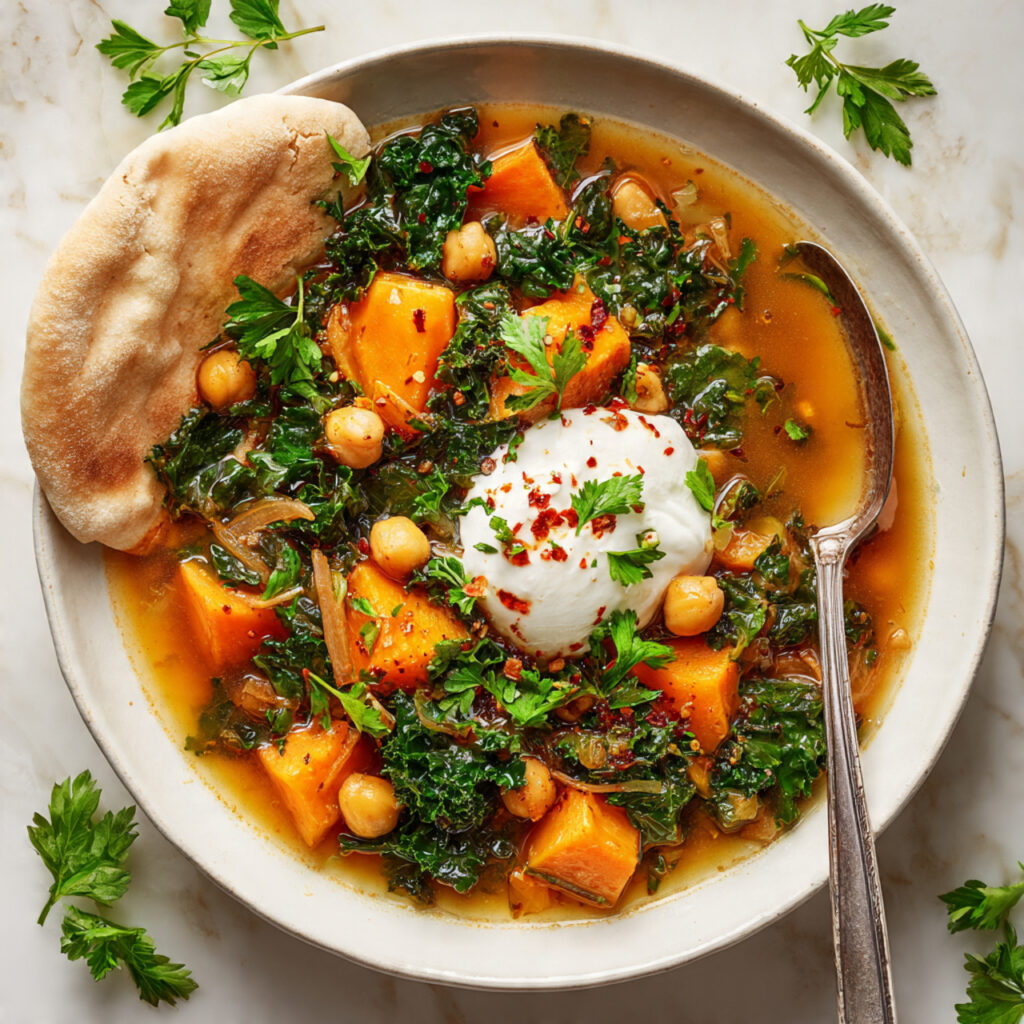 Spiced Vegetarian Vegetable Stew with Sweet Potatoes, Chickpeas, and Kale Recipe