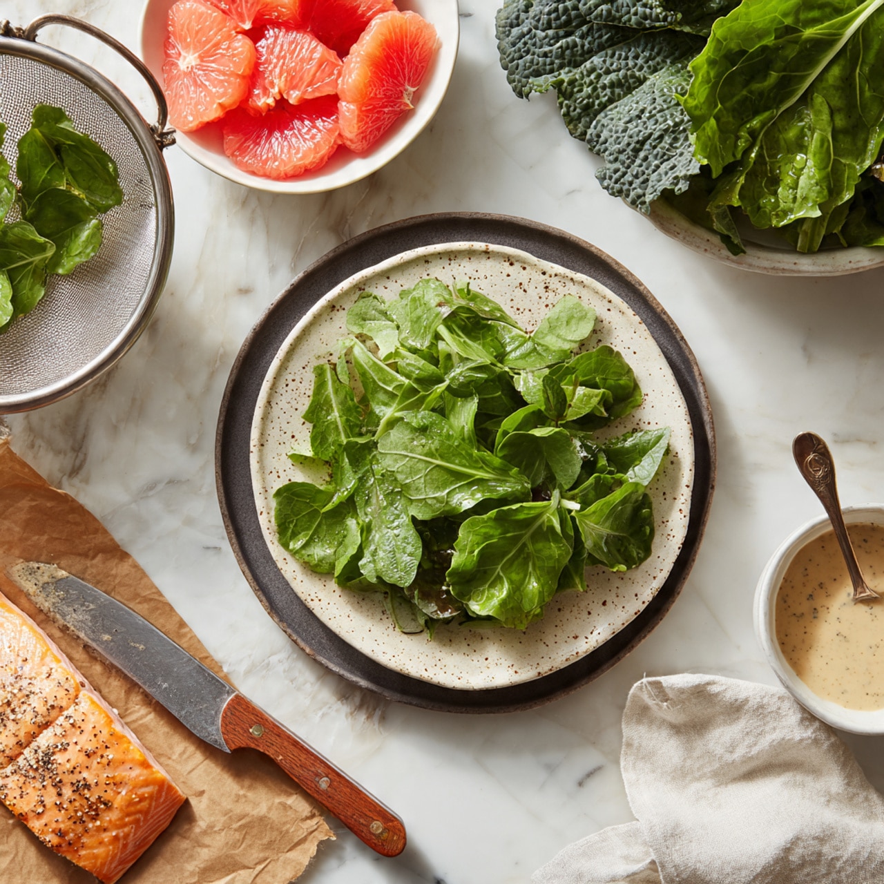 A white speckled plate on a dark round plate holds fresh green salad leaves with soft, rounded, and long thin leaves, mostly in the center and some spilling over the edge. Above it is a small white bowl filled with bright pink grapefruit segments, placed on top of a dark plate. To the left, a metal colander with dark green leafy greens sits on a white marbled surface, with some leaves scattered below it. Near the center, a small white bowl contains a creamy beige dressing with specks, and a small spoon stands inside it. At the bottom left, a wooden-handled knife rests on brown paper holding a piece of cooked salmon with a golden, slightly black peppered surface. A crumpled white cloth lies next to the salmon. The photo has natural light and a clean white marbled background. photo taken with an iphone --ar 4:5 --v 7