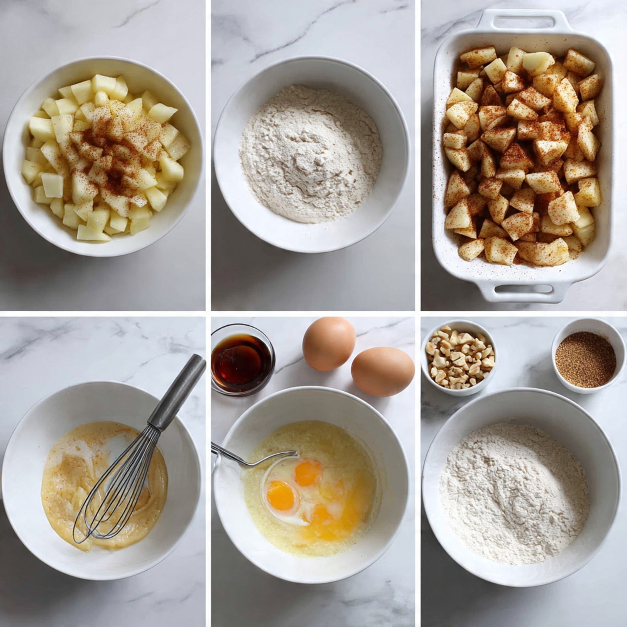 The image shows six parts of a cooking process displayed in a grid on a white marbled surface. The top left shows a white bowl filled with chopped pale yellow apples topped with a sprinkle of brown cinnamon and light brown sugar. The top right features a white baking dish filled evenly with small, cinnamon-coated apple pieces. The middle left shows a white bowl containing white flour, cinnamon, and other dry ingredients with a metal whisk beside it. The middle right displays a white bowl with melted butter and sugar inside, with two raw eggs and a small bowl of vanilla extract placed above it. The bottom left image shows the same bowl with melted butter and sugar, now being whisked with a metal whisk. The bottom right image depicts the bowl from the previous step with the flour mixture added on top, and a small bowl of chopped nuts beside it. Photo taken with an iphone --ar 4:5 --v 7