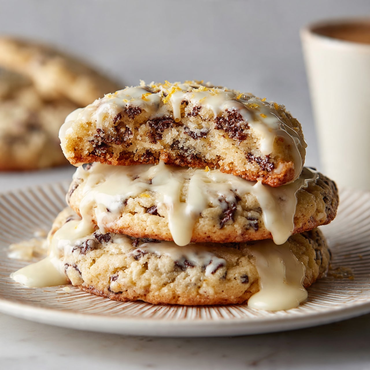 A stack of three thick, soft cookies with small dark chocolate chips scattered inside each one, placed on a white plate with a round edge pattern. The top cookie is partially broken, showing its soft and crumbly texture inside with more chocolate chips. A smooth, light cream glaze drips down the sides of all three cookies, with some small orange zest pieces sprinkled on the glaze, especially on the top cookie. The plate sits on a white marbled surface, and in the blurry background, there is a tall white cup. Photo taken with an iphone --ar 4:5 --v 7