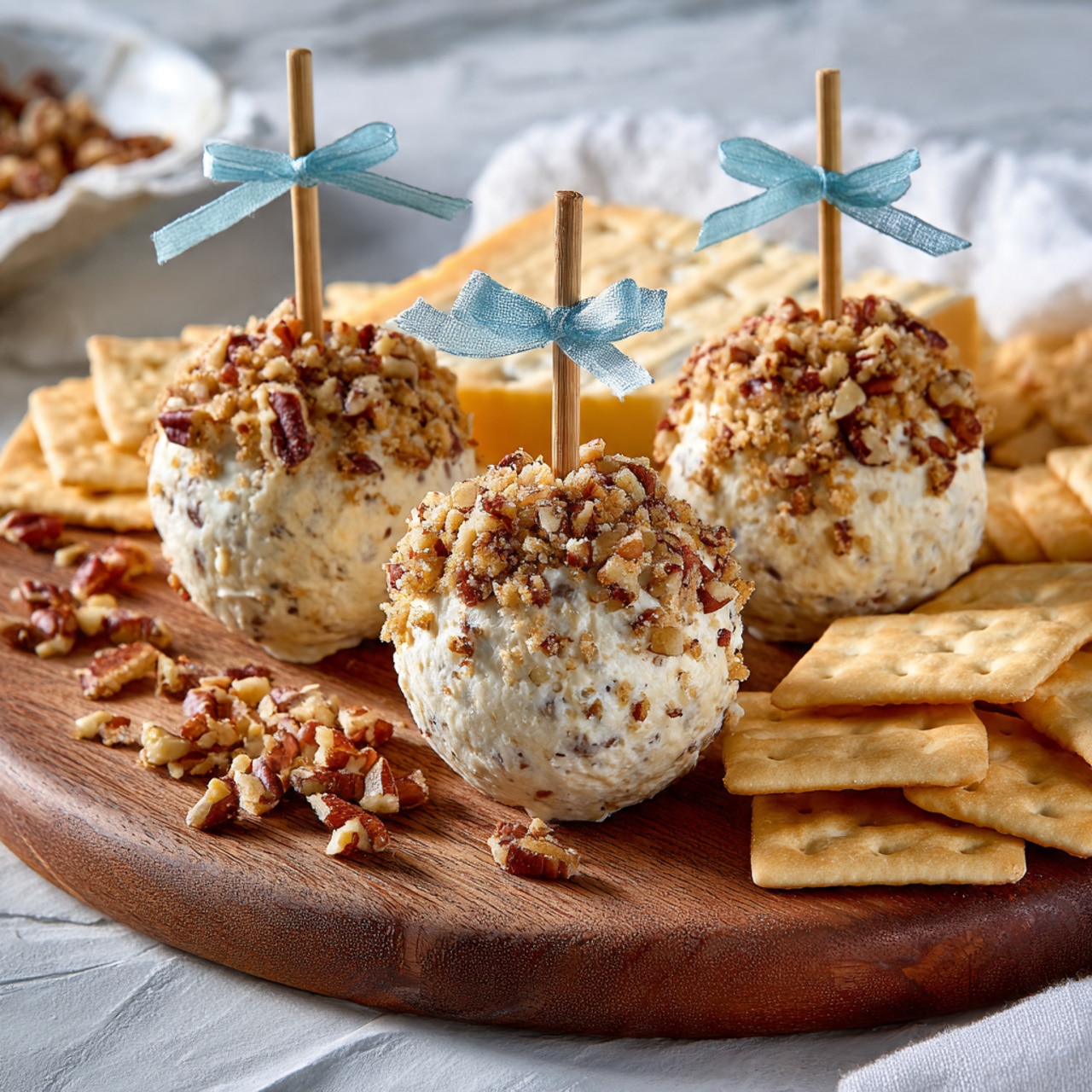 Four small round cheese balls are covered with chopped pecans, each held with a light blue toothpick tied in a bow on top. They are placed on a wooden board with a rustic texture. Around the board, there are many square light brown crackers with a slightly rough texture. The whole scene sits on a white marbled surface with some melted cheese visible near the board. photo taken with an iphone --ar 4:5 --v 7
