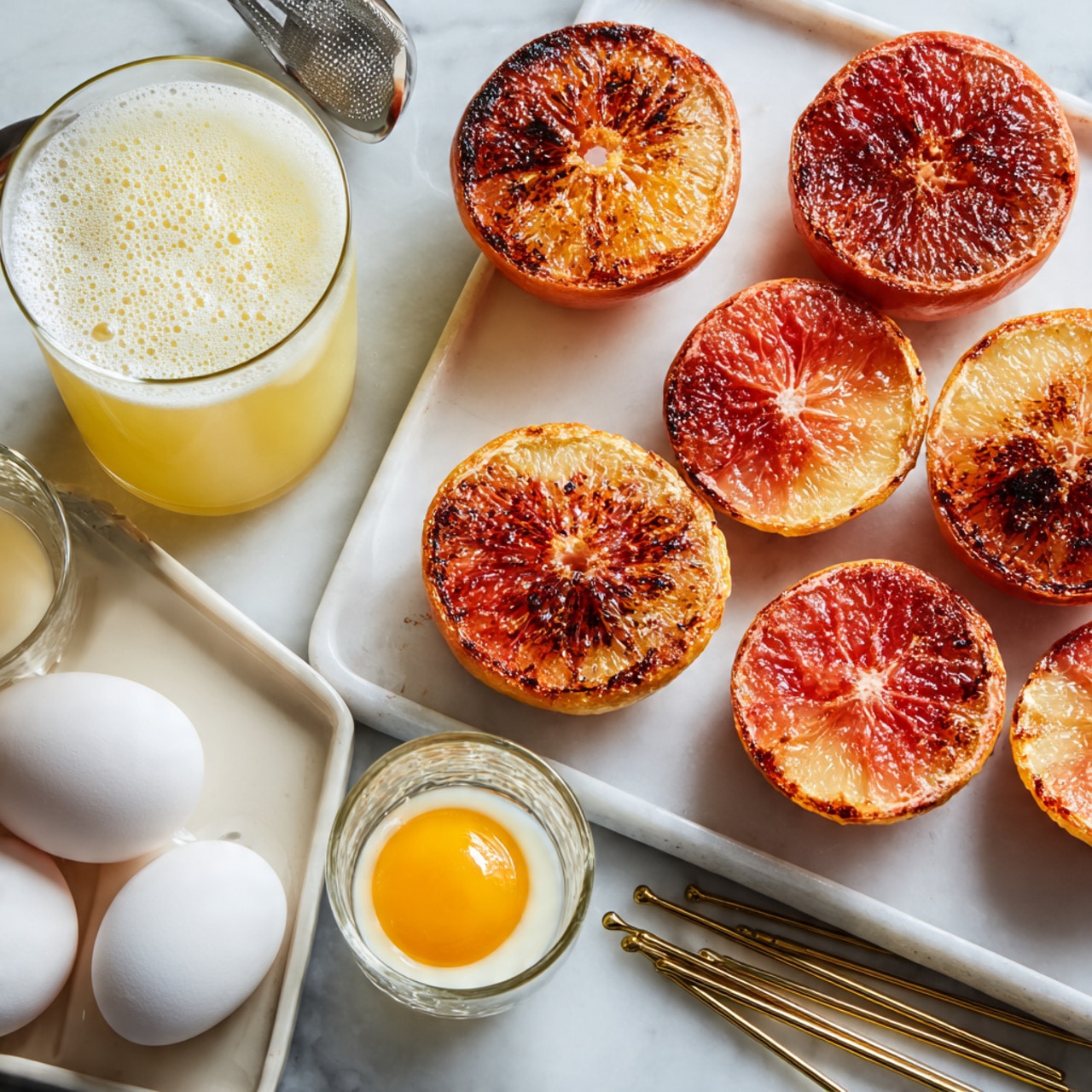 A top view of a drink in a clear glass filled with white foam, garnished with a skewer holding two triangular slices of grilled pink grapefruit with slightly charred edges, placed horizontally across the glass opening. Around the glass on a white marbled surface, there are more grilled grapefruit slices and a white plate holding additional skewered grilled grapefruit pieces, slightly blurred in the background. photo taken with an iphone --ar 4:5 --v 7