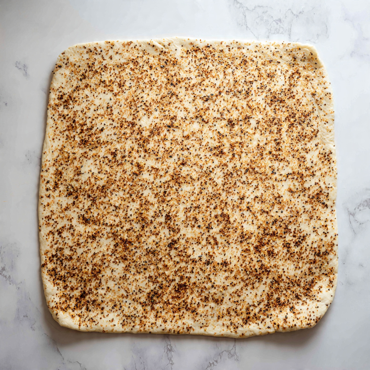 A large flat sheet of pale dough is spread out on a white marbled surface, sprinkled evenly with a layer of dark brown and black granular spices, creating a textured speckled pattern across the top, with visible thin lines showing the dough's stretch marks on the edges. Photo taken with an iphone --ar 4:5 --v 7