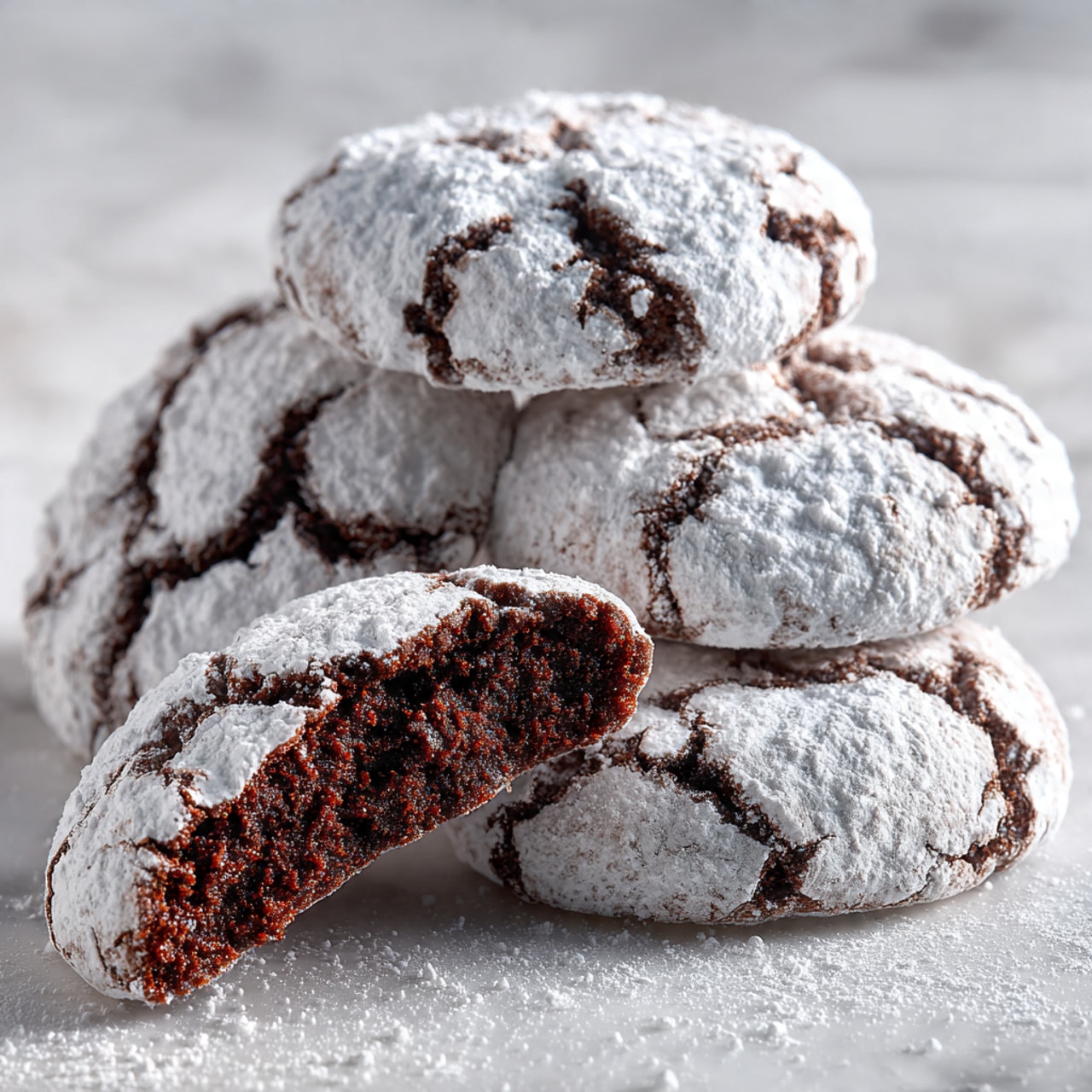 Several round chocolate cookies with rough, cracked surfaces generously covered in white powdered sugar, laid out on a white marbled texture surface. One cookie is broken in half at the center, showing a dark, moist inside that contrasts with the white sugary coating. The cookies have a textured look with powdered sugar filling the cracks and crevices, highlighting the dark chocolate color beneath. The overall color palette is a mix of deep brown and bright white powder. Photo taken with an iphone --ar 4:5 --v 7