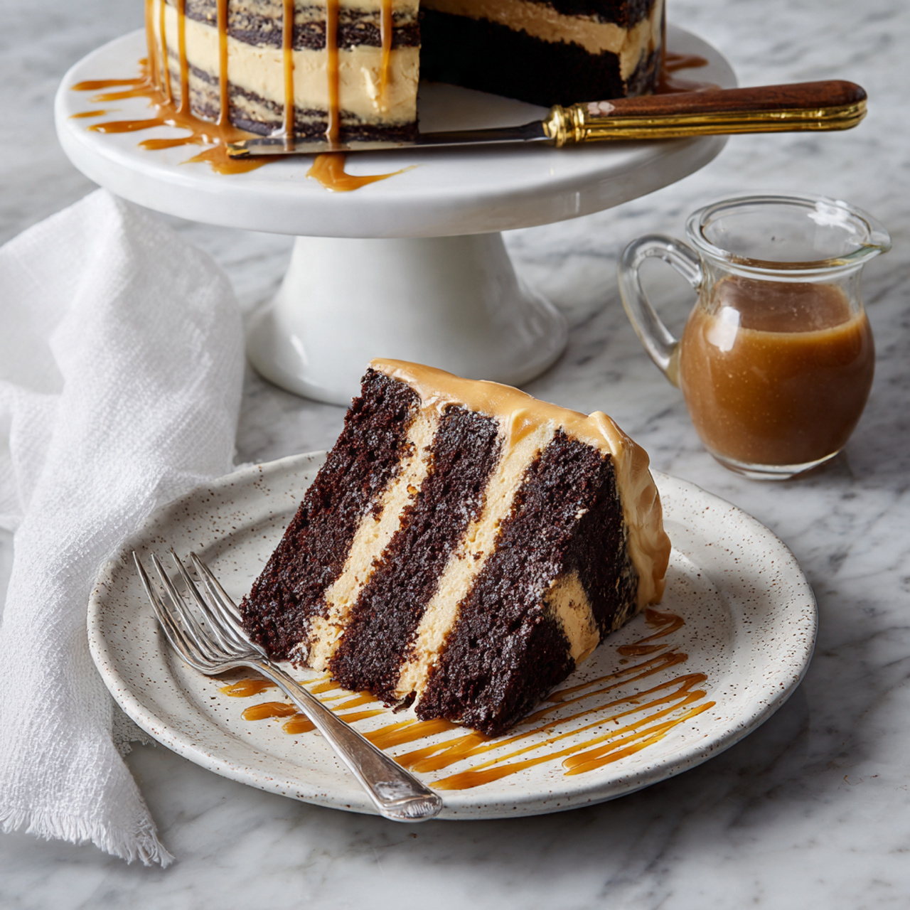 A dark brown Bundt cake with a rich, dense texture sits on a white cake stand with a wooden base. The cake has deep, wide ridges and is drizzled with a light tan sauce that runs unevenly down the sides, pooling a little on the white marbled surface below. The background is softly blurred with a white marbled texture, and a cake server with a wooden handle lays beside a white cloth on the surface. The photo taken with an iphone --ar 4:5 --v 7