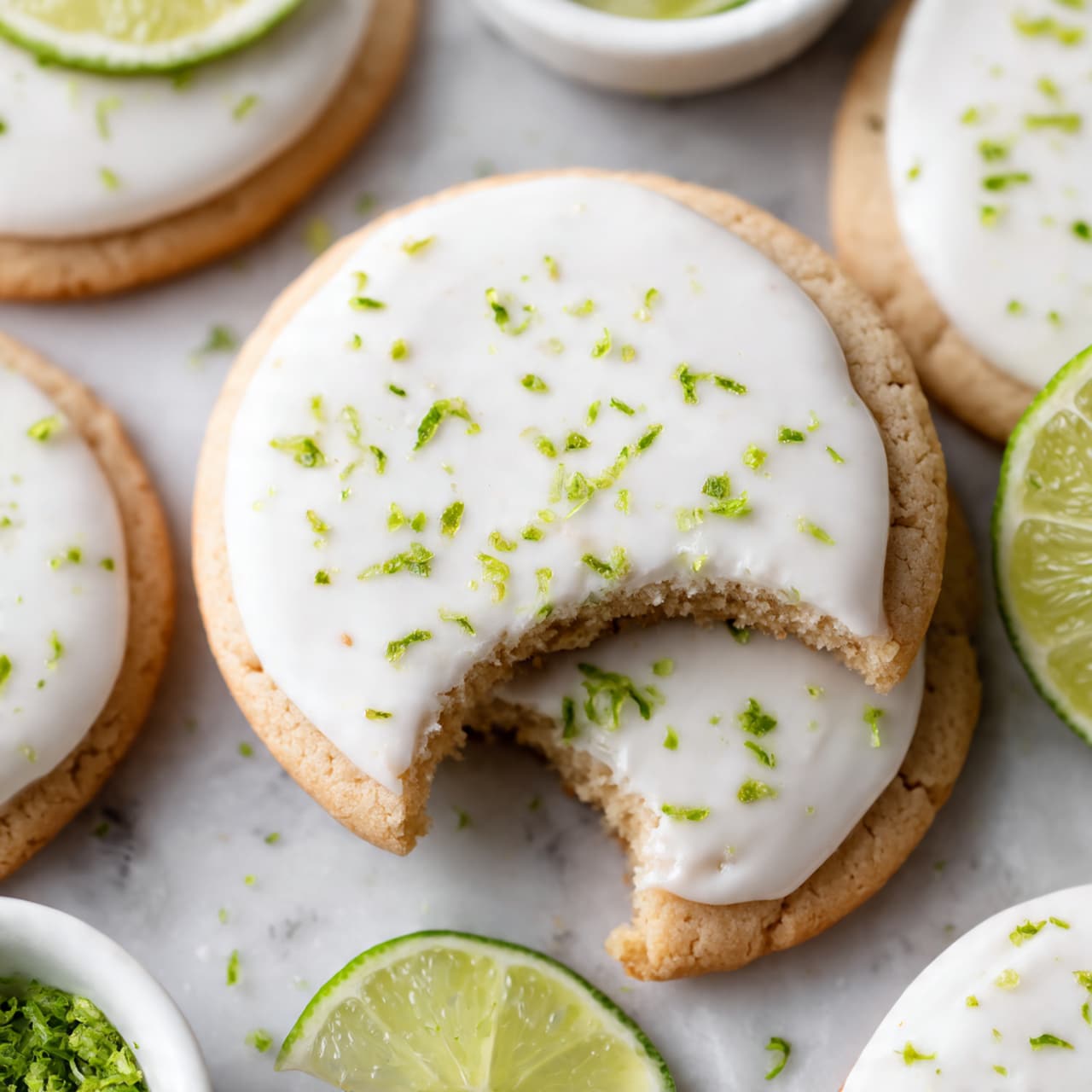 The image shows round cookies on a copper wire cooling rack, placed on a white marbled surface. Some cookies are plain with a cracked texture and a pale golden color, while others have a smooth white icing layer on top, sprinkled with small green lime zest pieces. The cookies are evenly spread out, with a white bowl of lime zest on the bottom left and a white bowl of lime wedges on the top right. A spoon with some white icing is placed at the bottom near the cookies. photo taken with an iphone --ar 4:5 --v 7
