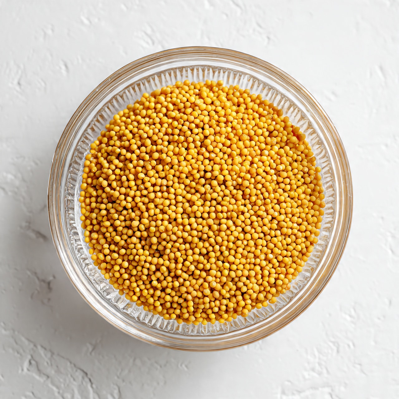 A clear glass bowl filled with many small round yellow mustard seeds, sitting on a white marbled surface. The seeds cover the bottom of the bowl evenly, showing a textured and smooth look. The bowl is viewed from the top, showing its circular shape and clear glass ridges. photo taken with an iphone --ar 4:5 --v 7
