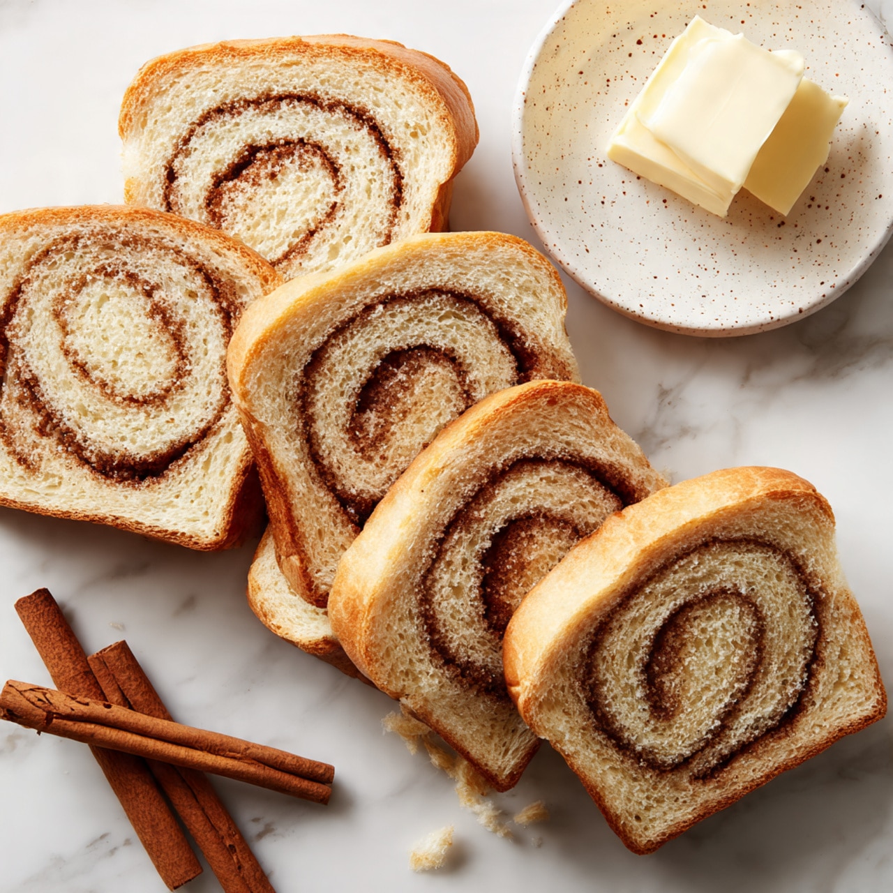 The image shows a stack of seven slices of cinnamon swirl bread arranged closely together on a wooden board with a warm brown tone. Each slice has a visible dark brown spiral of cinnamon sugar running through soft, light beige bread with a golden crust. A torn piece of bread sits near the front, showing the fluffy inside texture. Beside the bread, there are two cinnamon sticks angled diagonally. In the background, there is a small white bowl containing two pale yellow butter cubes resting on the wooden board next to a wrinkled green cloth. The whole setup is on a white marbled surface. photo taken with an iphone --ar 4:5 --v 7