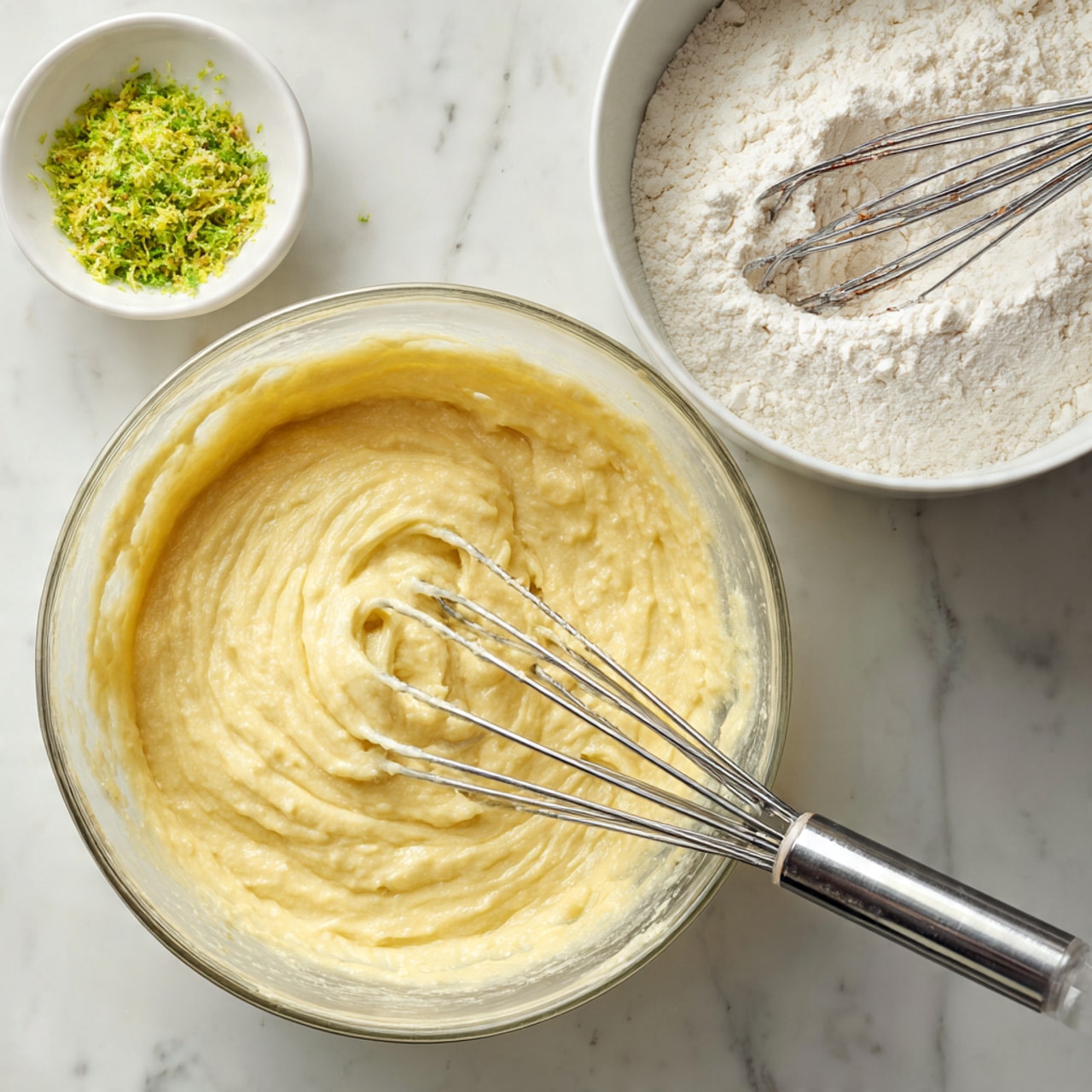 A clear glass bowl holds a light yellow, thick creamy batter being mixed by two metal beaters from an electric mixer. To the top right, another clear glass bowl contains white flour with a metal whisk resting inside. At the top left, a small white bowl is filled with bright green zest. All items are placed on a white marbled surface. Photo taken with an iphone --ar 4:5 --v 7