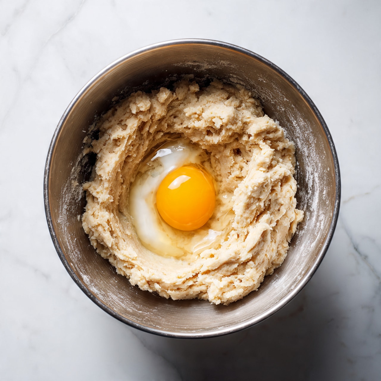 Inside a silver mixing bowl sits a thick light brown dough with a rough texture, partially covering a bright raw egg yolk and egg white at the center. The dough is clumped around the edges of the egg, which looks smooth and shiny. The bowl is on a white marbled surface. photo taken with an iphone --ar 4:5 --v 7