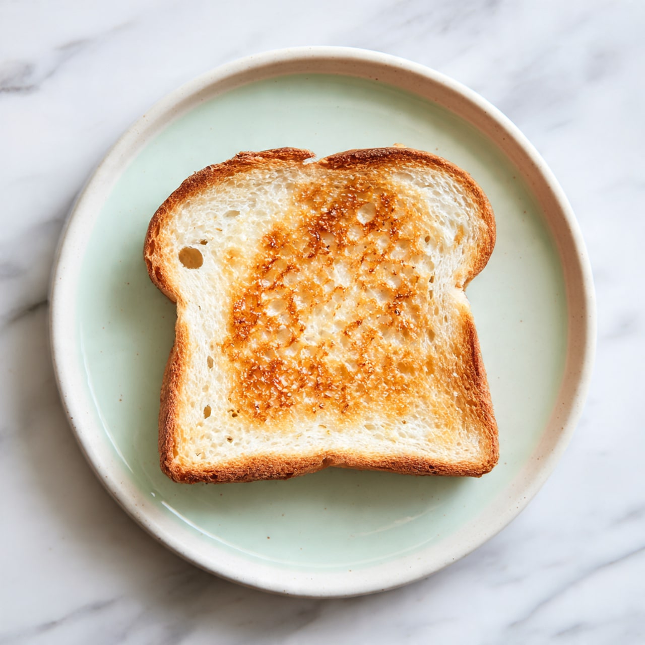 A single slice of toasted bread with a golden brown color and a slightly rough texture sits in the middle of a white plate with a pale green inside. The bread has small holes and a light crust around the edges, showing that it is crispy. The plate is placed on a white marbled surface, creating a clean and simple scene. photo taken with an iphone --ar 4:5 --v 7