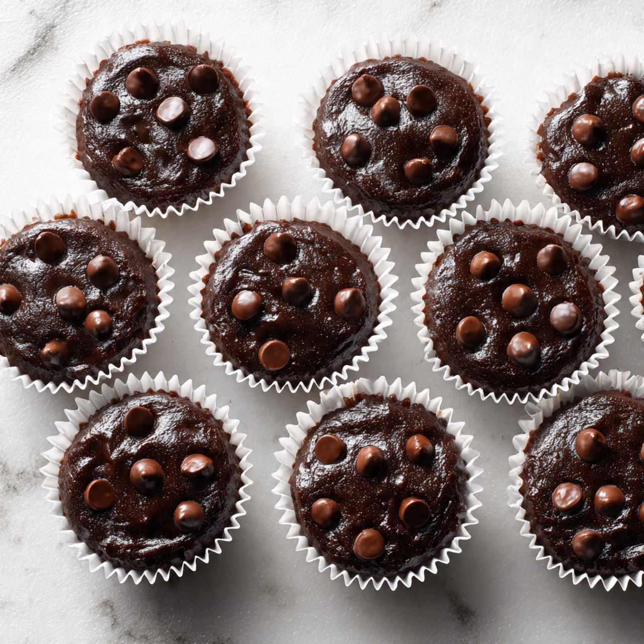 The image shows twelve white paper-lined muffin cups filled with rich dark chocolate batter topped with round chocolate chips. Each cup is evenly spaced on a white marbled surface. The batter is smooth and shiny with a slightly uneven top, and the chocolate chips sit scattered across each muffin's surface, creating a textured look. The light reflects gently on the glossy batter, making the dark brown color stand out sharply against the soft brown paper liners and the clean white background. photo taken with an iphone --ar 4:5 --v 7