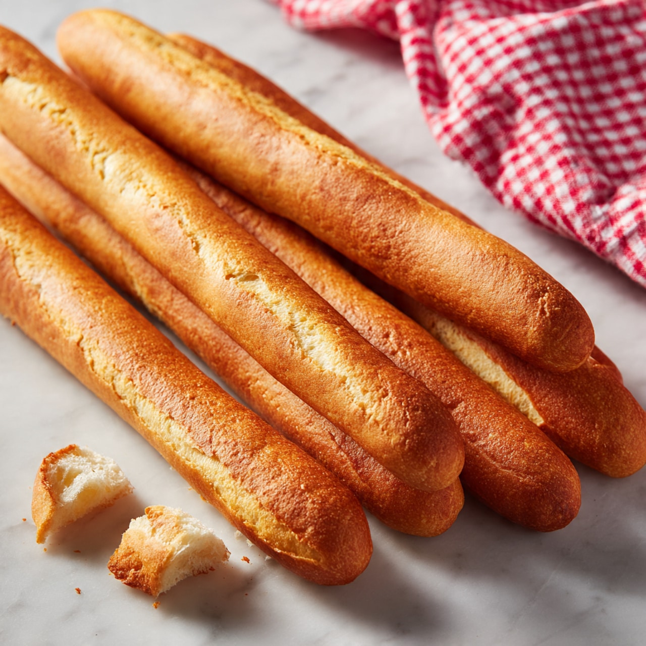 The image shows a group of seven golden brown breadsticks lying close together on a white marbled surface. Each breadstick is elongated and has a slightly shiny, crisp-looking crust with soft, airy interiors visible where one breadstick is broken and a small piece lies nearby. In the background, a red and white checkered cloth adds a touch of color and texture to the scene. The lighting highlights the warm tones of the breadsticks and the details on their crusts, making them look fresh and inviting. Photo taken with an iphone --ar 4:5 --v 7