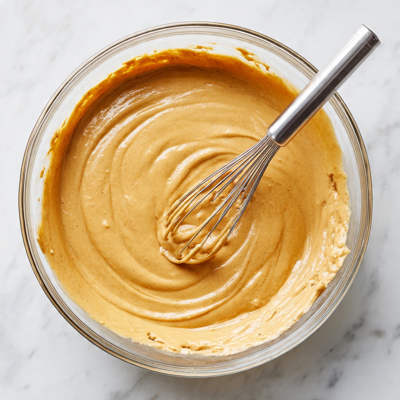 A round pie with a crimped edge crust in a white pie dish is filled with smooth, light orange pumpkin filling. The crust is thick and wavy all around the pie rim, giving a textured look. The filling is even and glossy with a few tiny bubbles, sitting flat inside the crust. The pie dish is placed on a white marbled surface. photo taken with an iphone --ar 4:5 --v 7