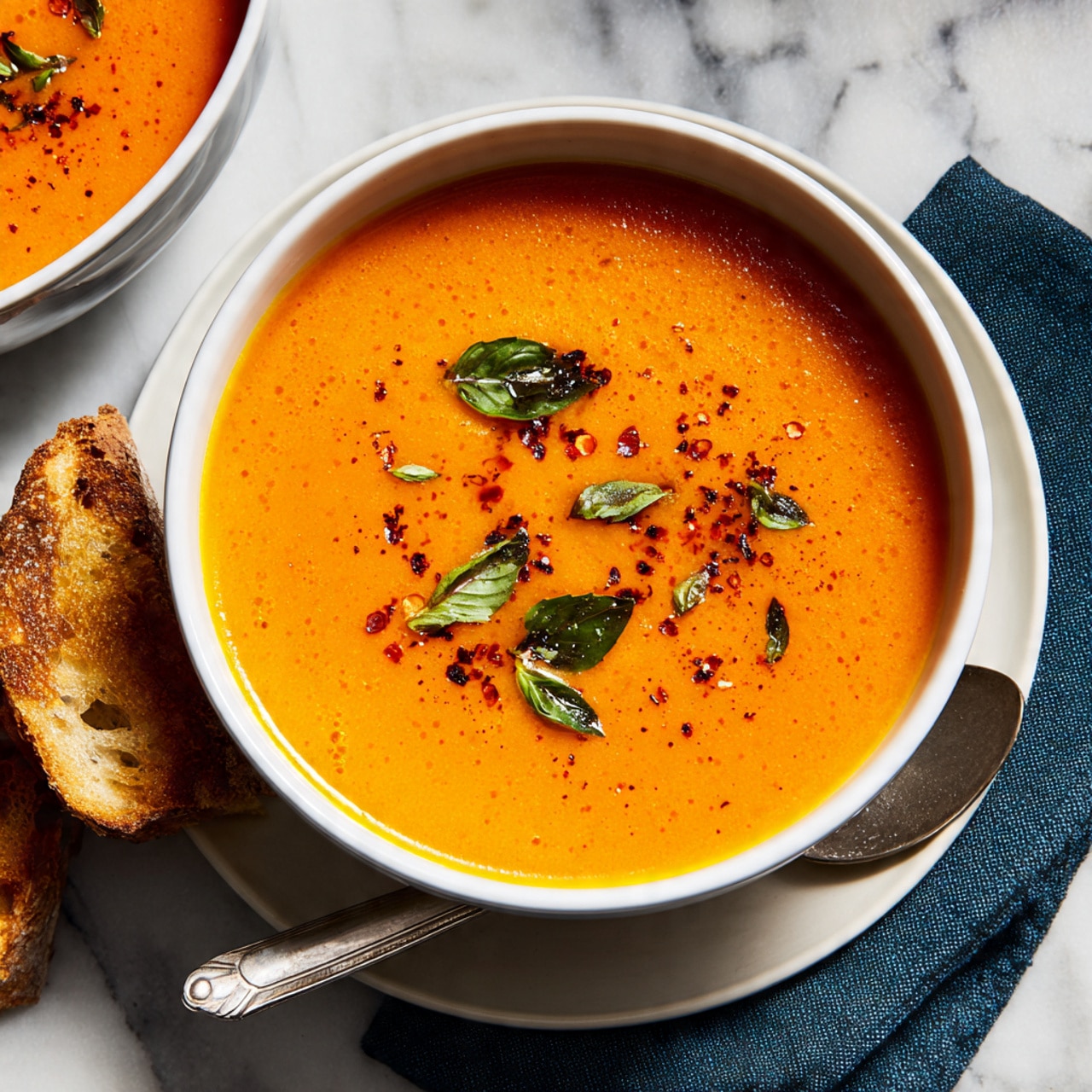 A white bowl filled with smooth orange soup, topped with small green basil leaves and black pepper specks, placed on a white marbled surface. Around the bowl, there are four pieces of toasted bread stacked near the top right, a small wooden bowl of coarse white salt near the lower left, and a silver spoon resting to the top left. Scattered green basil leaves add color contrast on the surface, along with a folded dark blue cloth on the right side. photo taken with an iphone --ar 4:5 --v 7