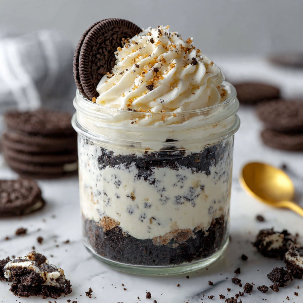 The image shows a close-up of a creamy dessert in a clear glass jar with several layers mixed together, featuring a light cream base speckled with dark chocolate cookie pieces throughout. The top layer is thick and fluffy with visible chunks of broken dark cookies, giving it a textured look. A black and gold spoon is placed inside the jar, slightly stirred into the creamy mix. Surrounding the jar are whole and broken dark chocolate cookies on a white marbled surface, adding contrast to the dessert's light color. In the background, there are more jars filled with the same creamy dessert, some topped with whole dark cookies. photo taken with an iphone --ar 4:5 --v 7