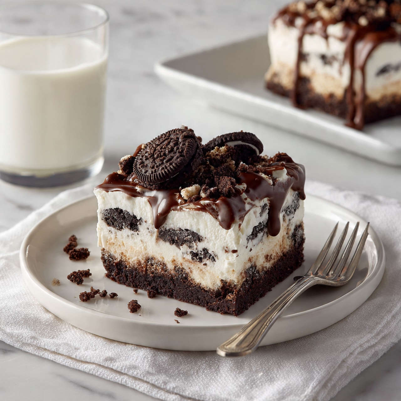 The image shows a rectangular metal tray filled with a dessert. The base layer looks creamy and white, smooth in texture. On top of this creamy layer is a thick and even spread of dark chocolate cookie crumbles, covering the whole surface. The cookie pieces vary in size, giving a rough and textured look to the top. The tray is placed on a white marbled surface. photo taken with an iphone --ar 4:5 --v 7
