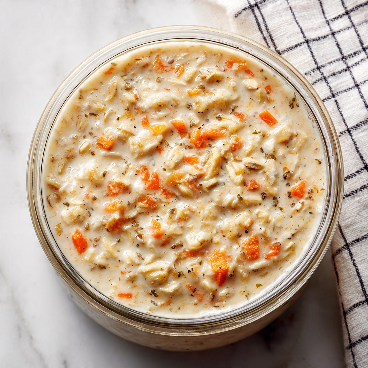 There is a clear glass jar filled with a creamy, speckled sauce that has visible small pieces of orange carrot and pepper flakes inside. The sauce looks thick and textured with herbs and spices evenly mixed throughout. A gold spoon is inside the jar, held by a woman's hand, lifting a bit of the sauce, showing its smooth yet chunky consistency. The jar sits on a white marbled surface, and the creamy sauce is slightly spilling over the jar's rim. Photo taken with an iphone --ar 4:5 --v 7