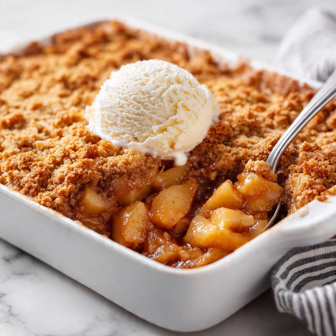 A single-layer baked dish with a golden-brown, slightly rough and crispy top crust that fills a white rectangular ceramic baking dish with handles. The surface texture has small holes and an uneven bubbly appearance, showing a well-baked fruit or nut filling just beneath the crust in some areas. The dish sits on a white marbled texture background, and there is no additional decoration or garnish visible. Photo taken with an iphone --ar 4:5 --v 7