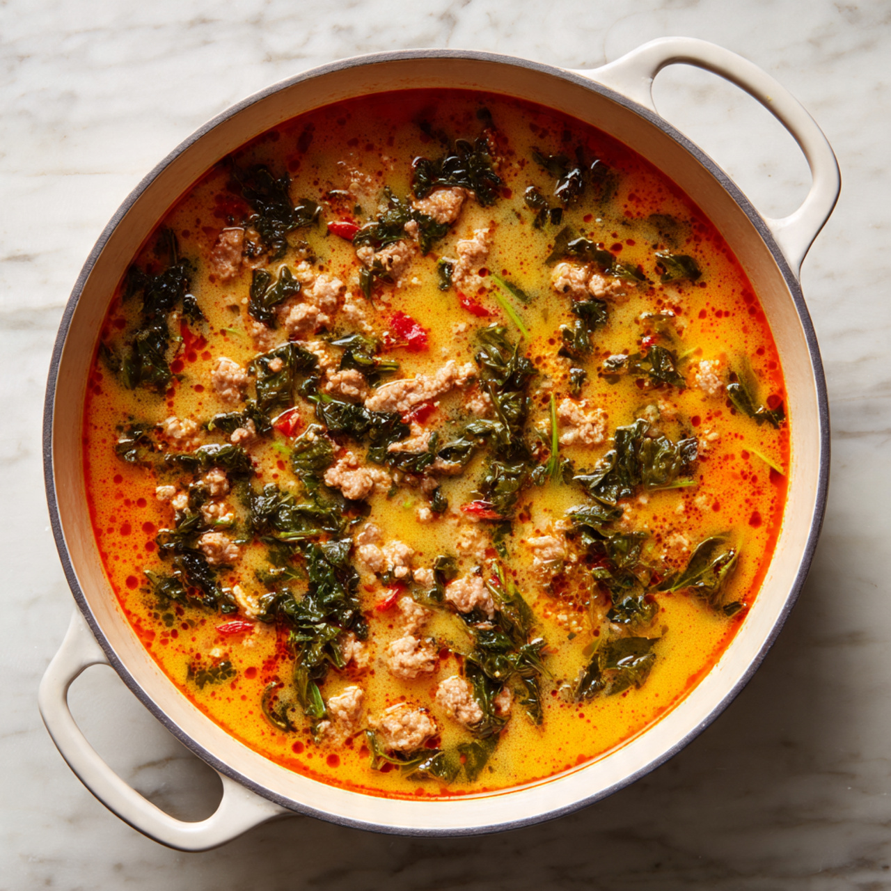 A white bowl filled with a creamy soup that has many layers: at the bottom, light beige broth with small orange oil spots; scattered pieces of dark green kale leaves; chunks of white chicken slices; small round white chickpeas; bright red bell pepper pieces; and finally a pile of fresh green cilantro leaves in the center. On the right side of the bowl, two lime wedges lean on the soup's edge. A silver spoon sits inside the bowl on the left, resting on a dark blue cloth. The bowl is placed on a white marbled surface photo taken with an iphone --ar 4:5 --v 7