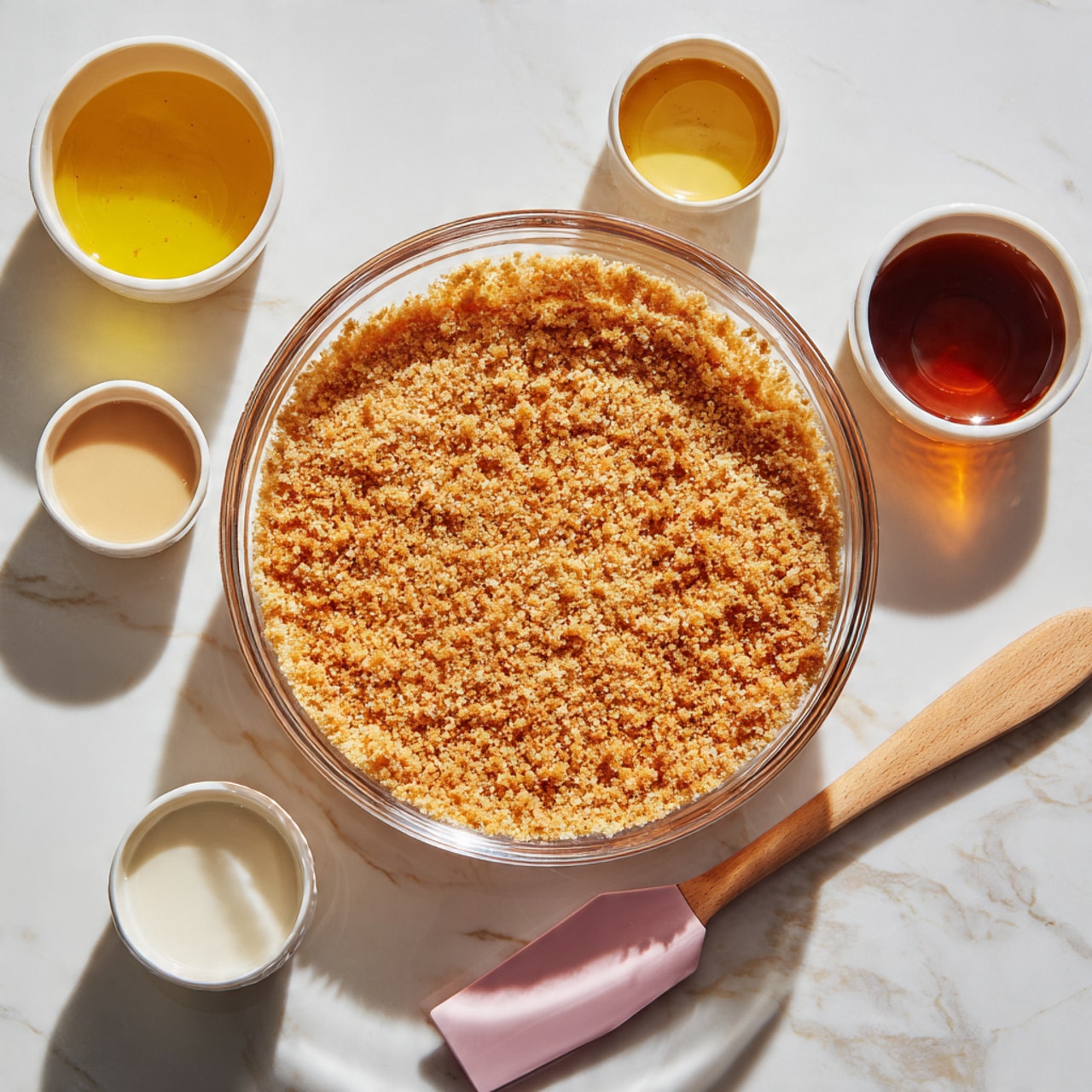 A clear glass bowl filled with a beige crumbly mixture sits in the center on a white marbled surface. Around it are four small white ceramic containers with different liquids: one with a golden yellow liquid, one with a creamy white liquid, one with a dark amber liquid, and one more with a light brown liquid. To the right side of the bowl lies a wooden spatula with a pink silicone head. Photo taken with an iphone --ar 4:5 --v 7