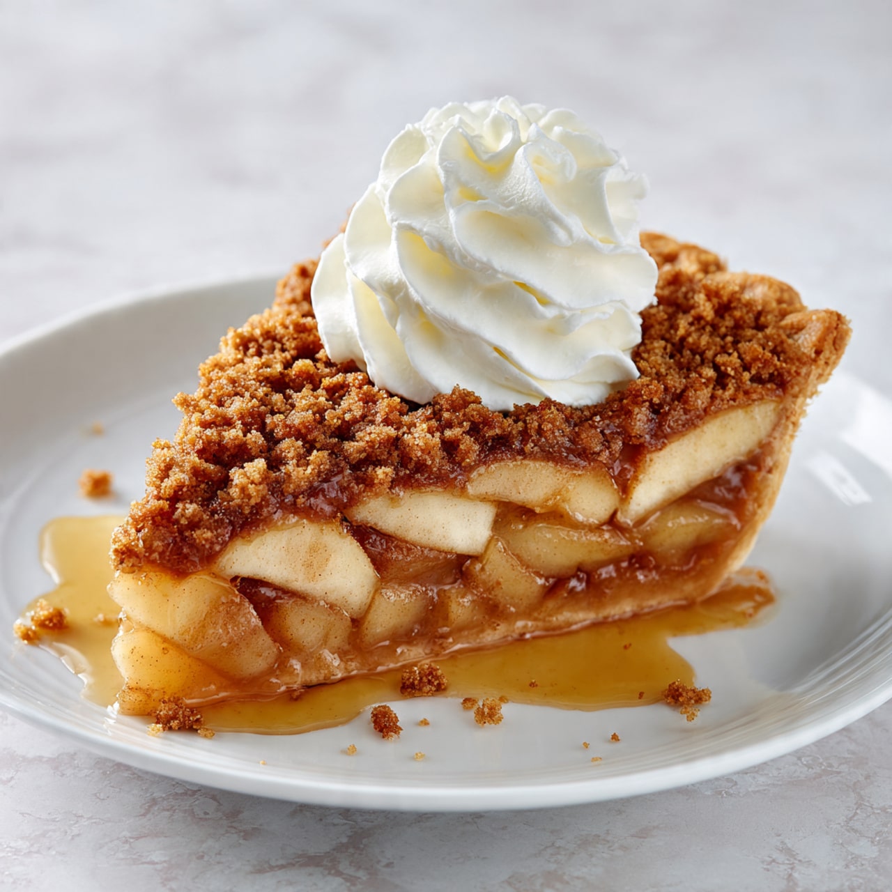 A slice of apple pie is placed on a white plate, showing three distinct layers: the bottom layer has soft, thin apple slices soaked in golden syrup, the middle layer consists of tender apples with a light brown cinnamon color, and the top layer is a thick, crumbly brown streusel crust. On top of the pie slice is a generous dollop of smooth, white whipped cream with soft folds. Some syrup has spilled onto the plate, and a few crumbs are scattered around the pie. The background and surface are a white marbled texture. Photo taken with an iphone --ar 4:5 --v 7