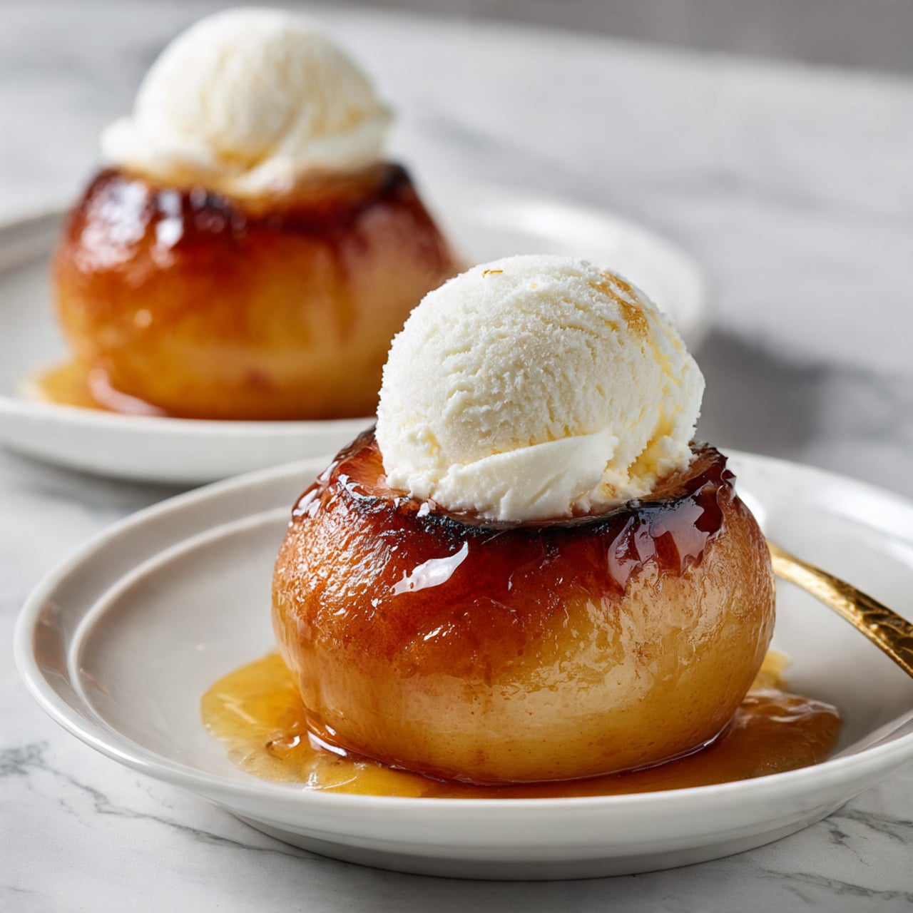 A dessert showing one halved roasted apple with dark brown skin, topped with a smooth, white scoop of vanilla ice cream that is melting slightly and dripping down the side of the apple. The apple is on a white plate with a white marbled texture in the background. Another similar apple dessert is softly blurred in the background, placed on a dark plate, creating depth in the image. Photo taken with an iphone --ar 4:5 --v 7