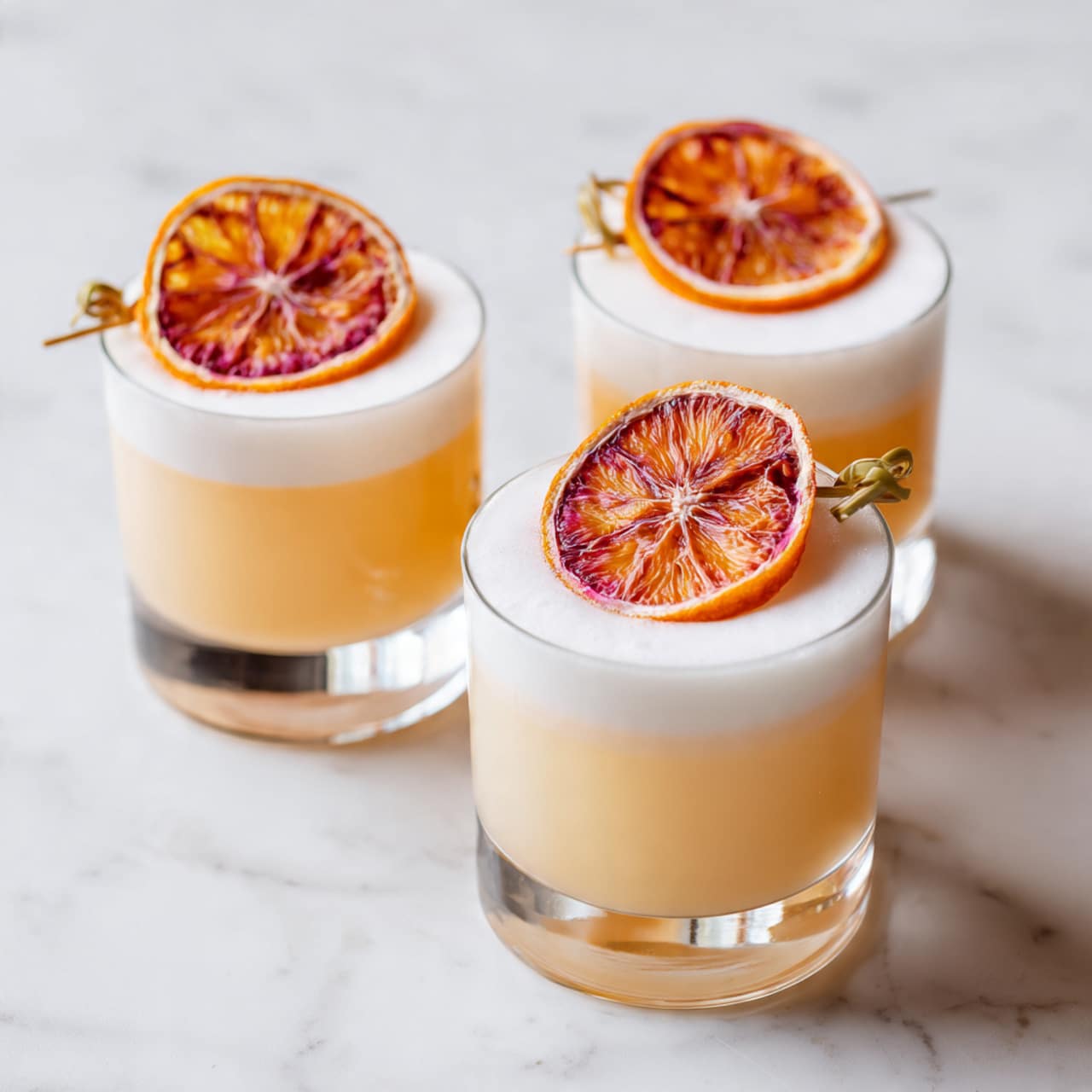 Three short clear glasses are lined up on a white marbled surface. Each glass holds a drink with two layers: the bottom layer is a light beige liquid, smooth and slightly translucent, topped by a thick white foam layer that sits evenly at the rim. Each drink is garnished with a small skewer holding a thin slice of pink and orange dried fruit, placed horizontally across the foam. The background is clean and white, giving a bright and fresh look. photo taken with an iphone --ar 4:5 --v 7