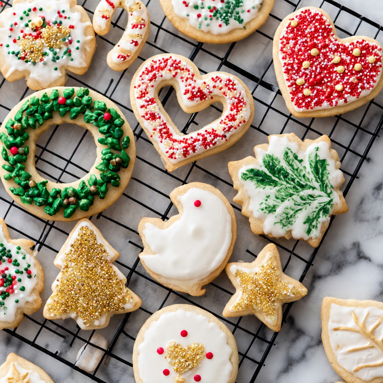 The image shows a collection of decorated Christmas sugar cookies laid out on a black wire cooling rack over a white marbled surface. There are various shapes including a wreath, star, heart, tree, candy cane, and bird. Each cookie is covered with smooth white icing as a base, and decorated with colorful small round sprinkles in red, gold, green, and berry tones. Some cookies have gold sugar crystals, others feature green leaf-like icing detailing or red dots. The textures are a mix of soft icing and crunchy sprinkles giving a festive look with a bright and clean background. Photo taken with an iphone --ar 4:5 --v 7