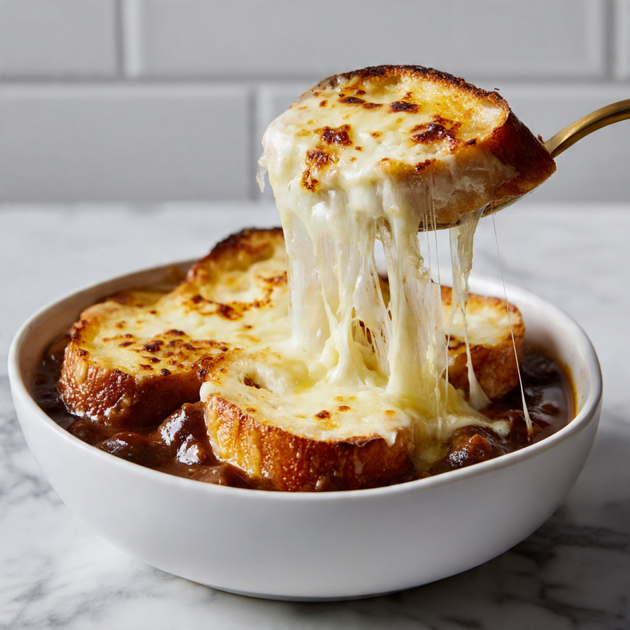 A white bowl filled with brown onion soup topped with two large toasted bread slices that are golden brown and covered with melted white cheese. The cheese is slightly browned and bubbly with small green herb sprigs scattered over it. There is a knife with a white and brown marbled handle resting inside the bowl, partially in the soup. The white bowl is placed on a white marbled surface. Photo taken with an iphone --ar 4:5 --v 7